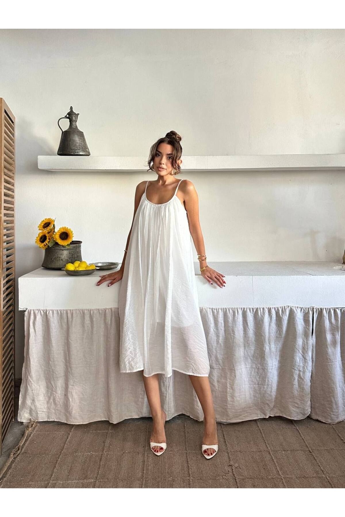 Fiona Yazlık Askılı Elbise Ekru