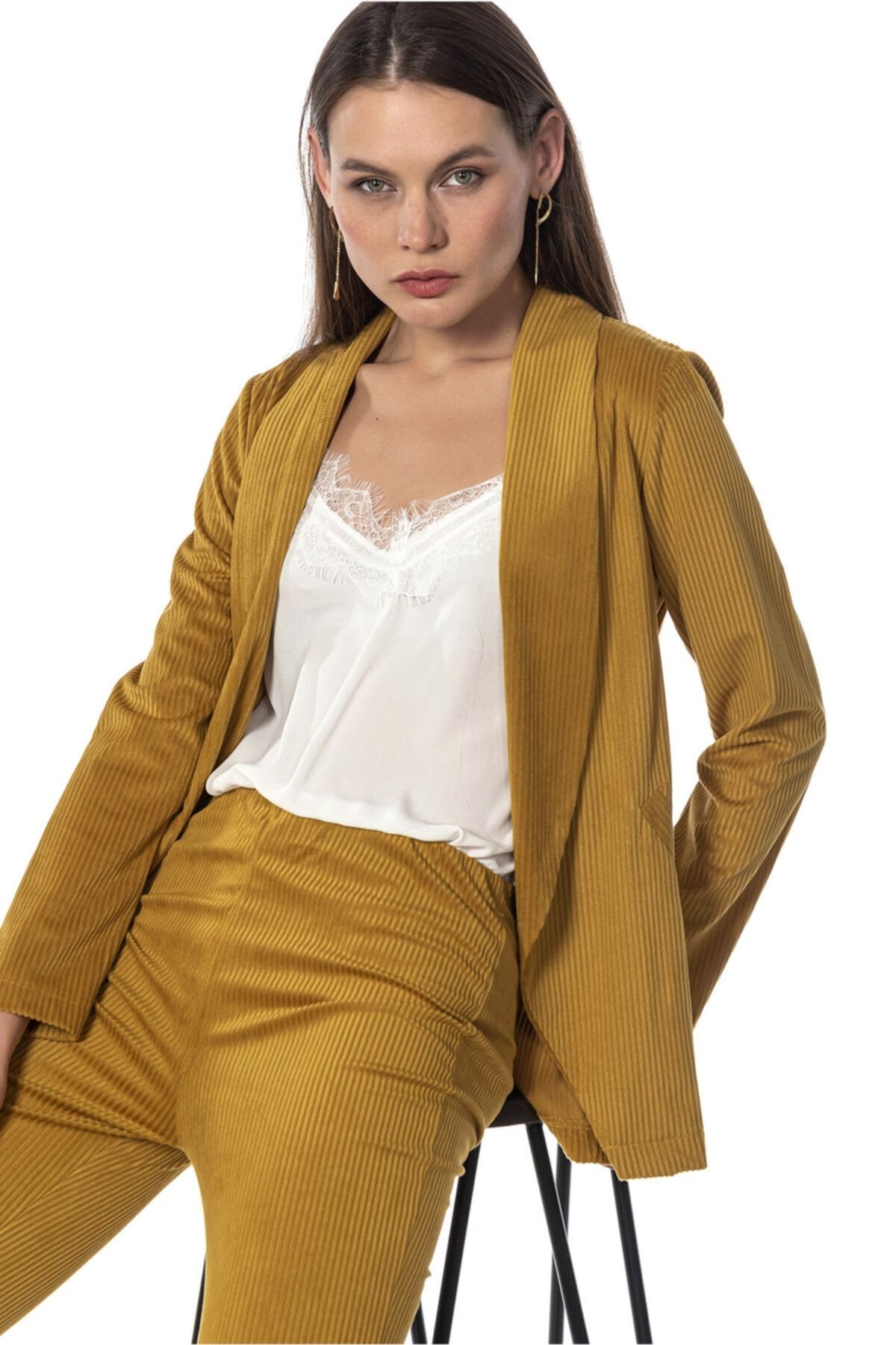 Fitilli Kadife Blazer Kadın Ceket - Hardal