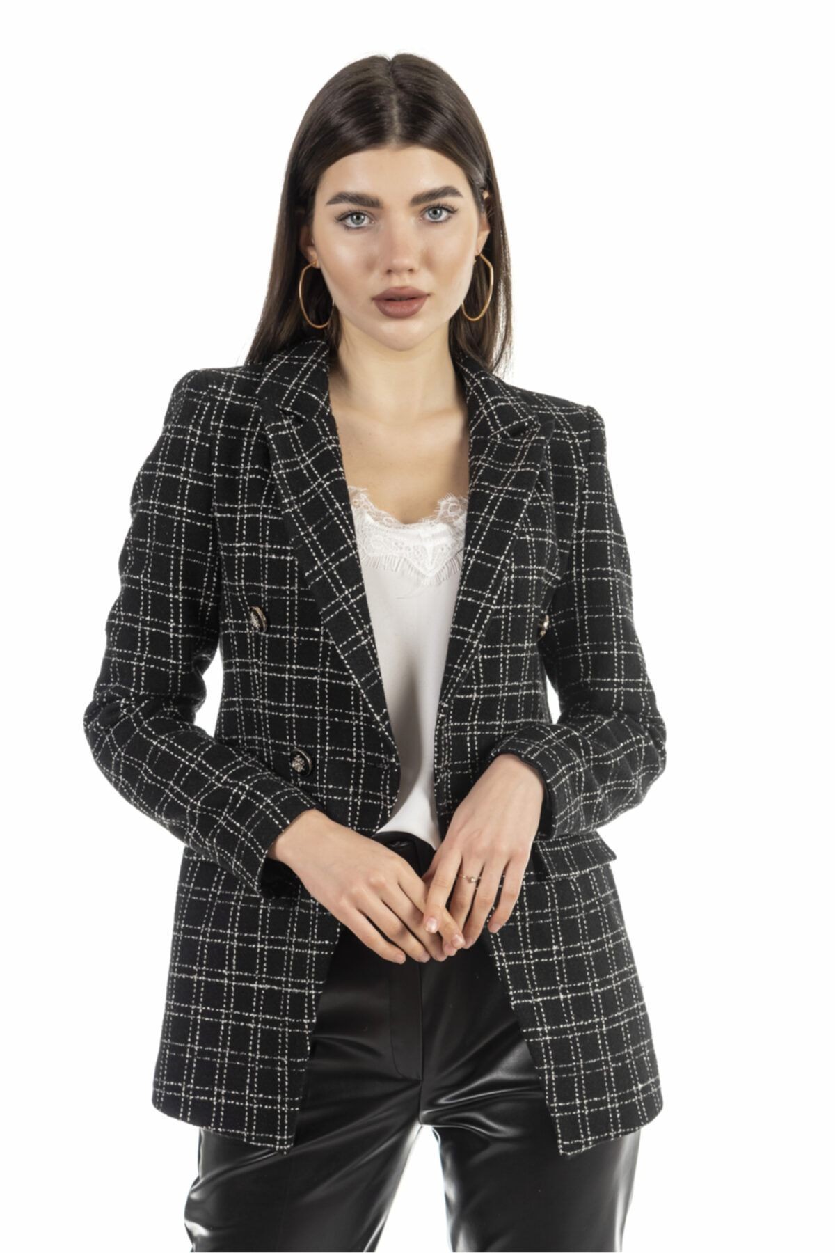 Ekose Siyah Blazer Kadın Ceket