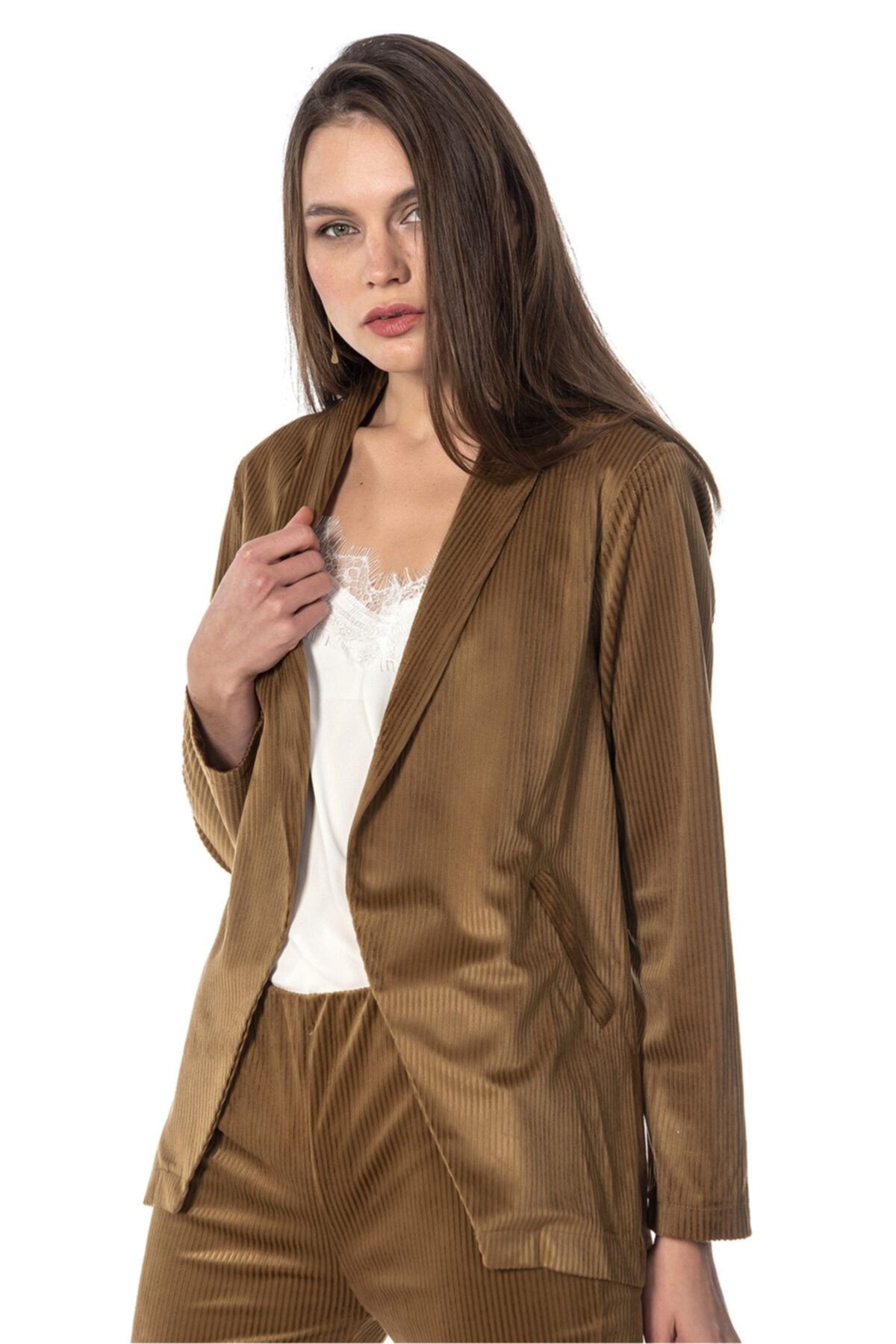 Fitilli Kadife Blazer Kadın Ceket - Kahverengi