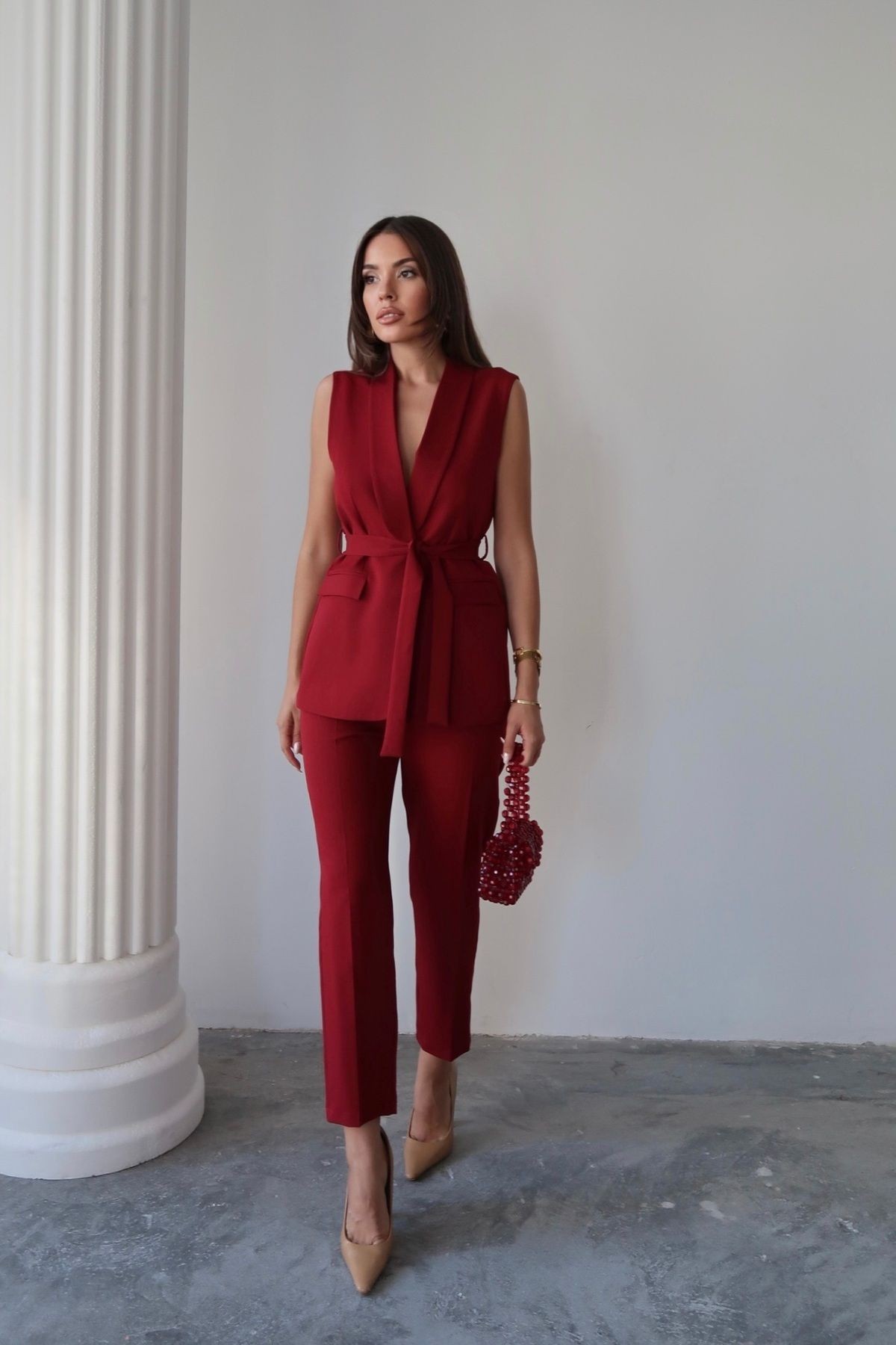 Violet Kuşaklı Yelek Ve Yüksek Bel Bordo Pantolon Takım