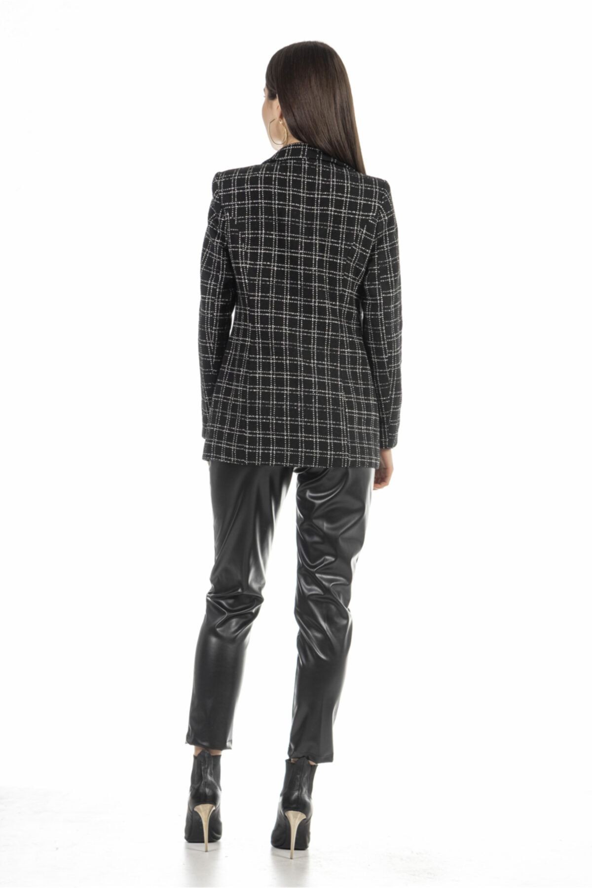 Ekose Siyah Blazer Kadın Ceket