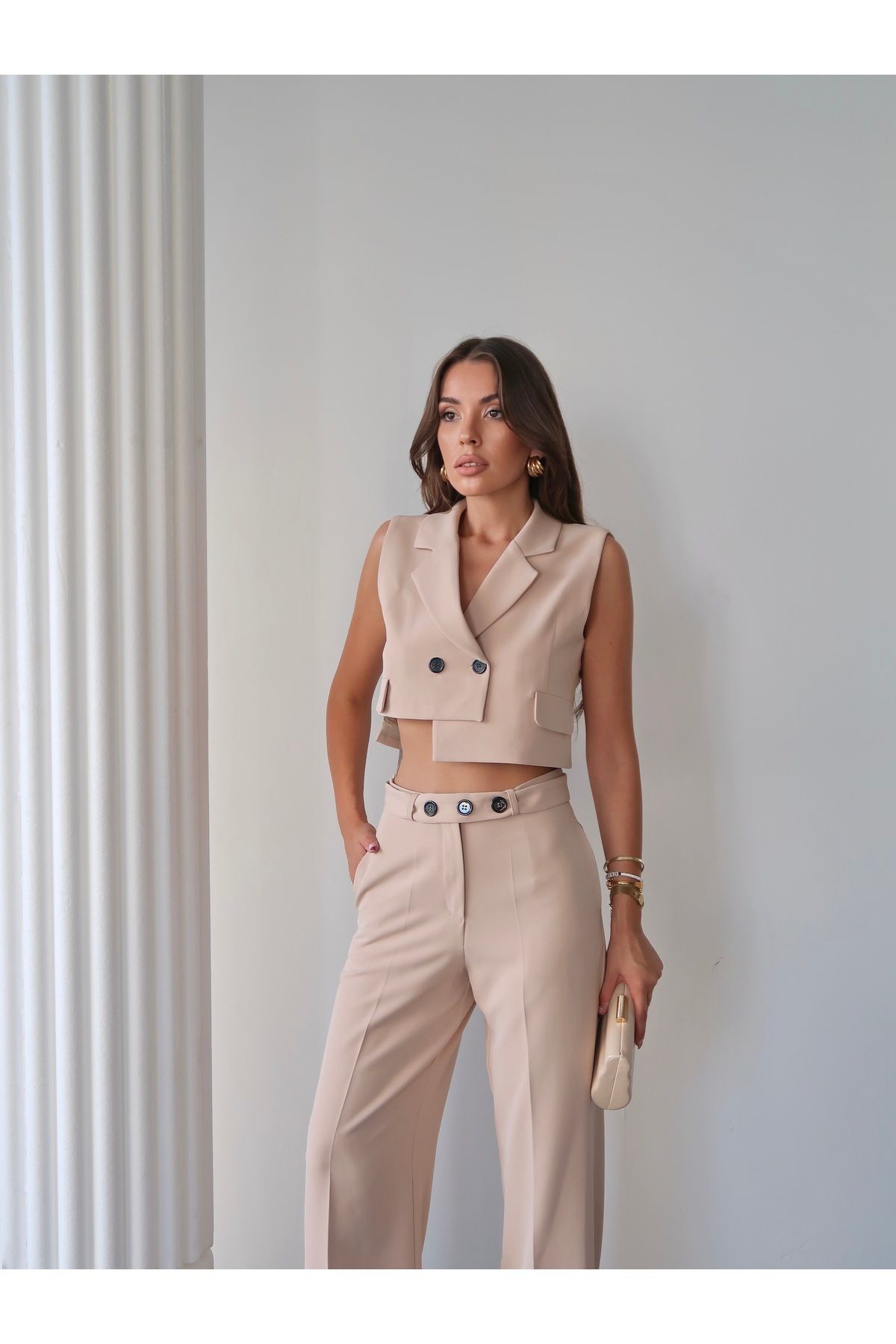 Rachel Yelekli İkili Takım Bej