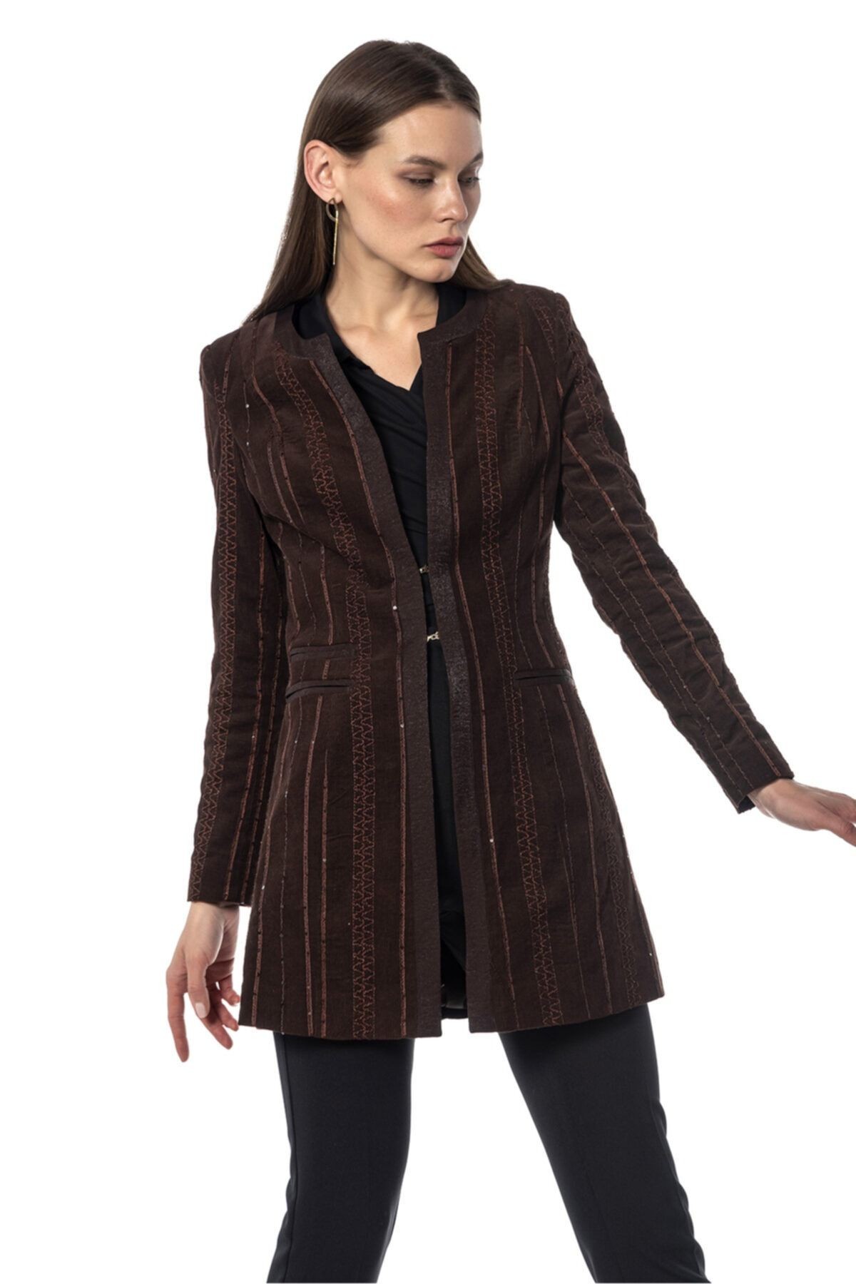 Payetli Kahverengi Blazer Kadın Ceket