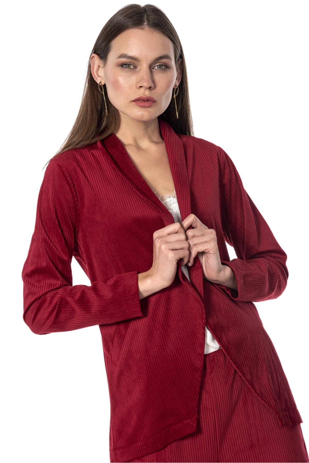 Fitilli Kadife Blazer Kadın Ceket - Kırmızı