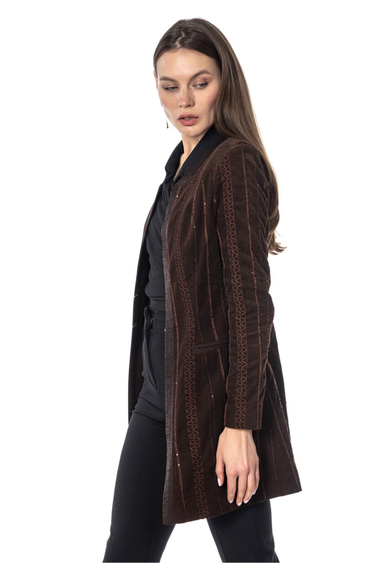 Payetli Kahverengi Blazer Kadın Ceket