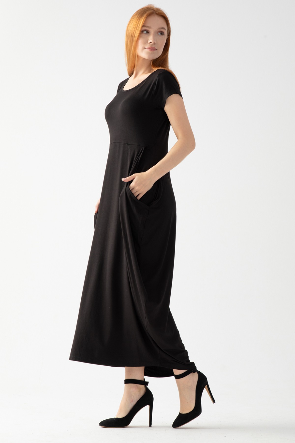 Kadın Siyah Bebe Kol Viskon Penye Şalvar Elbise