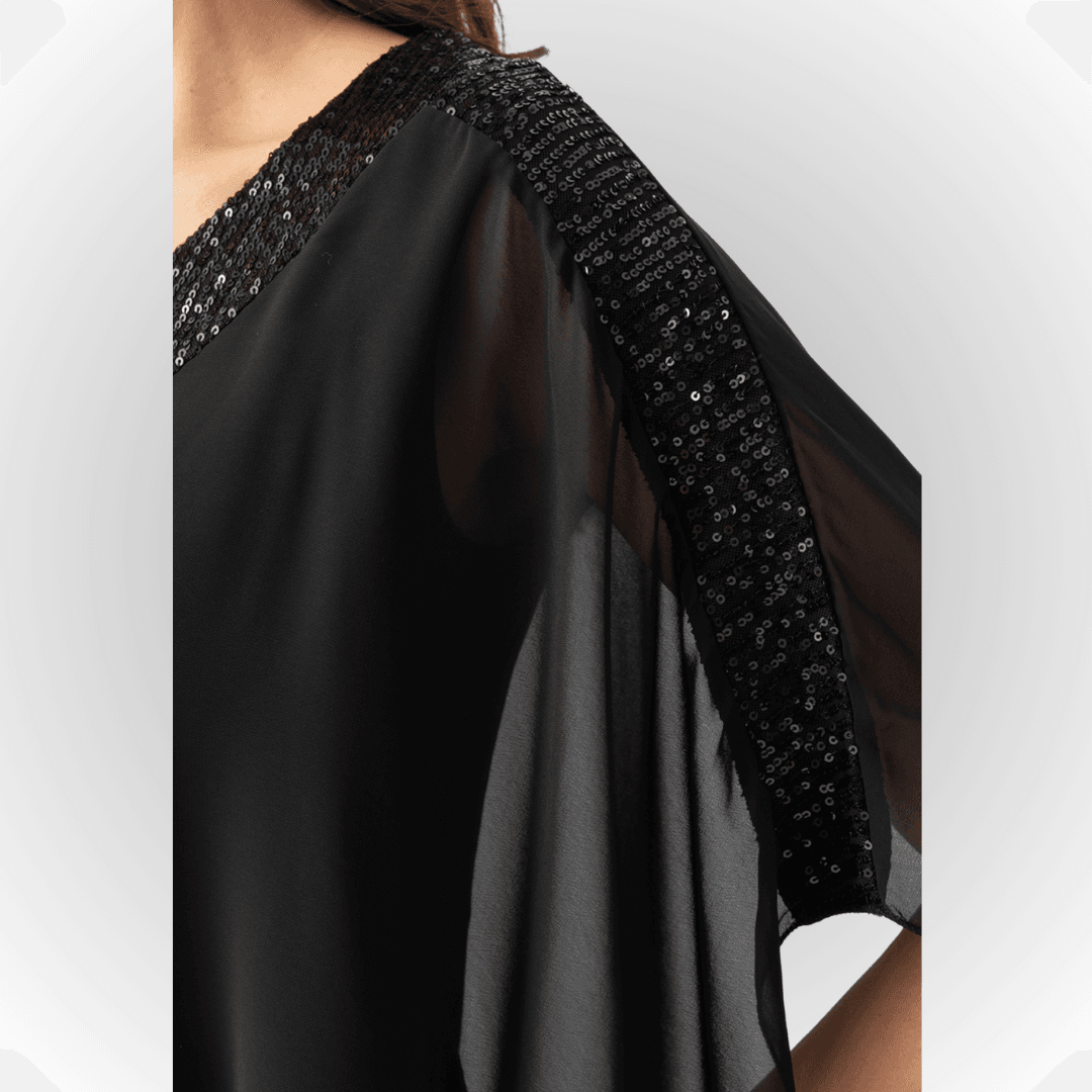 Kadın Siyah Pul Detaylı Viskon Penye Astarlı Şifon Pelerin Bluz