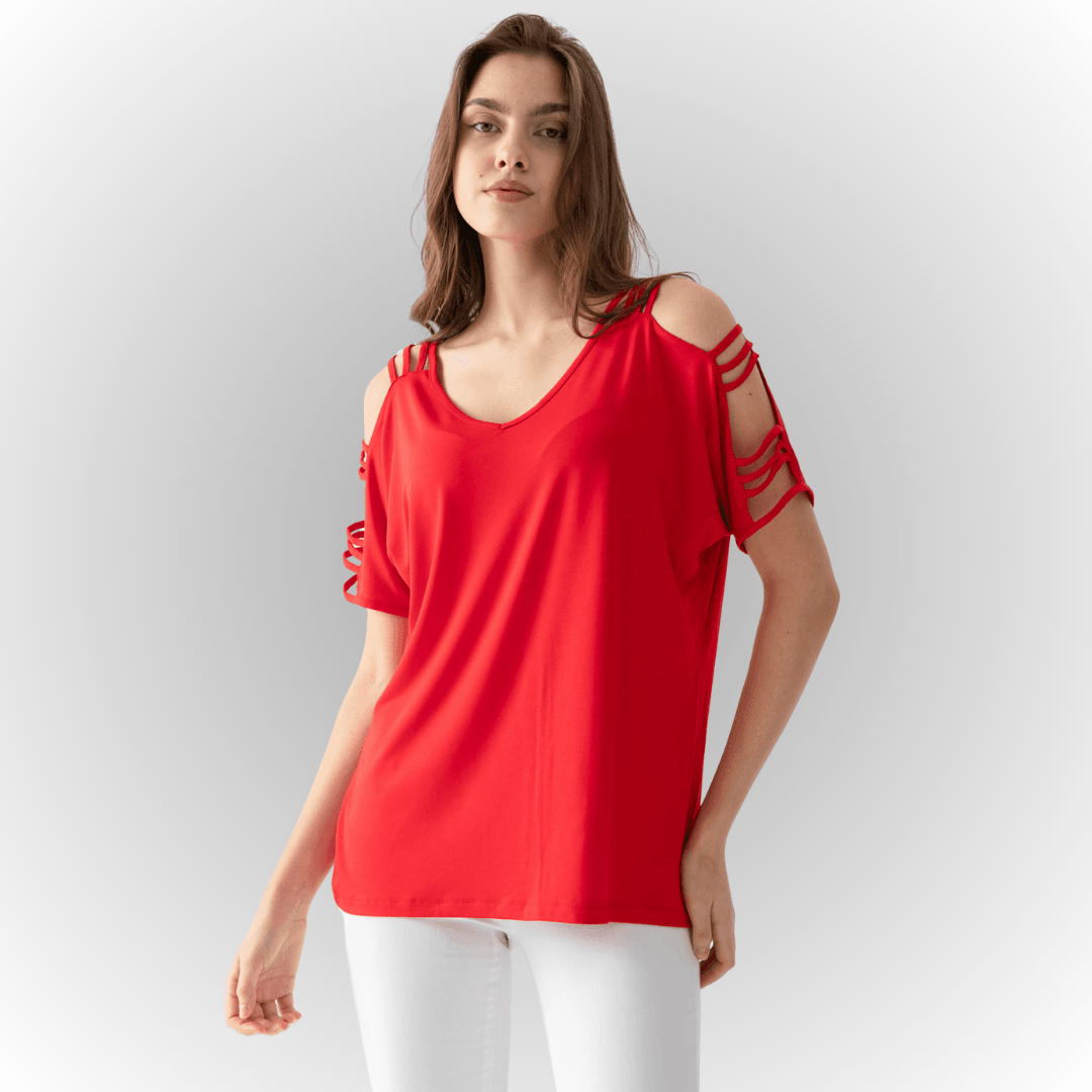 Kadın Omuzları Açık Kolları Biyeli Viskon Penye Bluz - Kırmızı