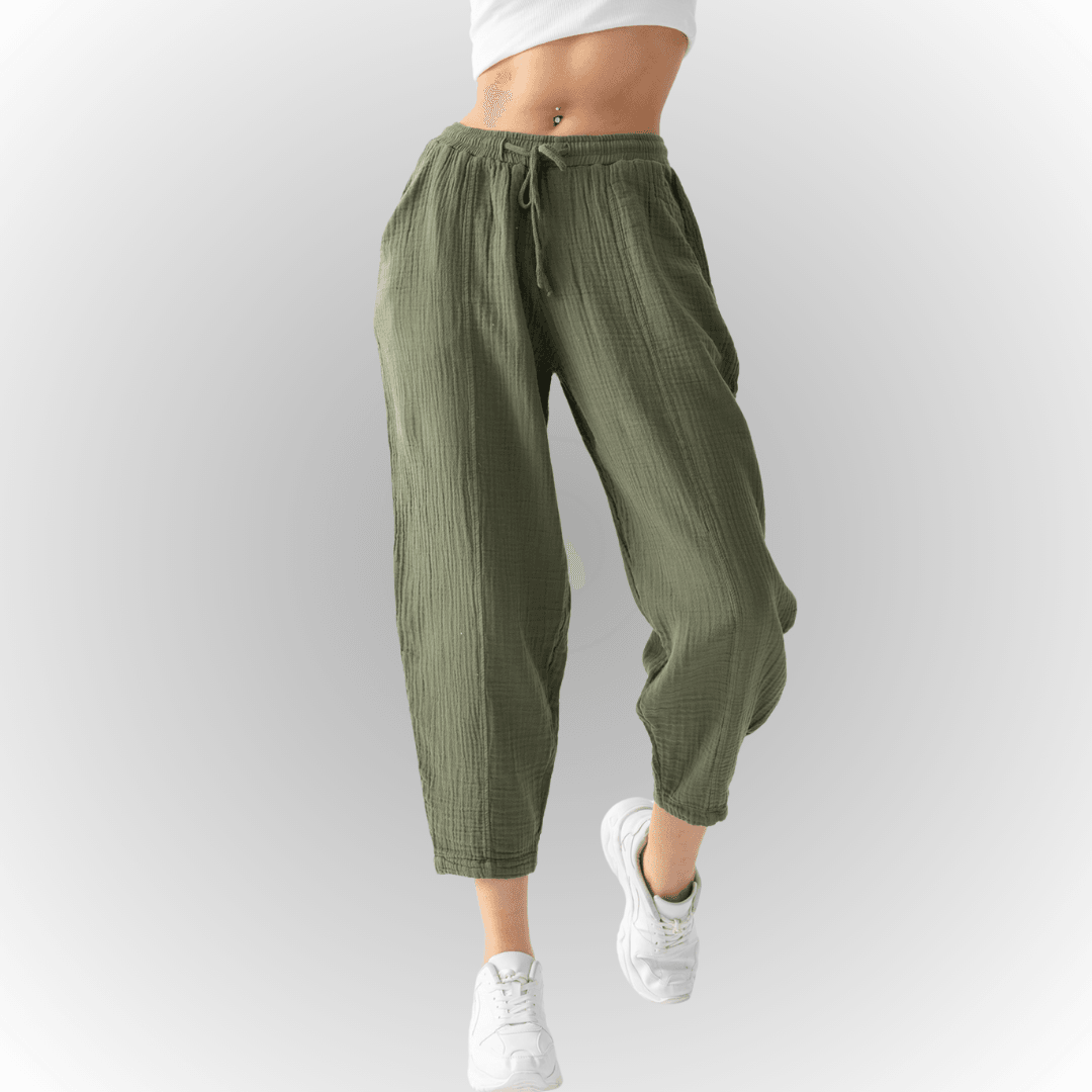Kadın Müslin Kumaş Pens Paça Otantik Şalvar Pantolon - Yeşil