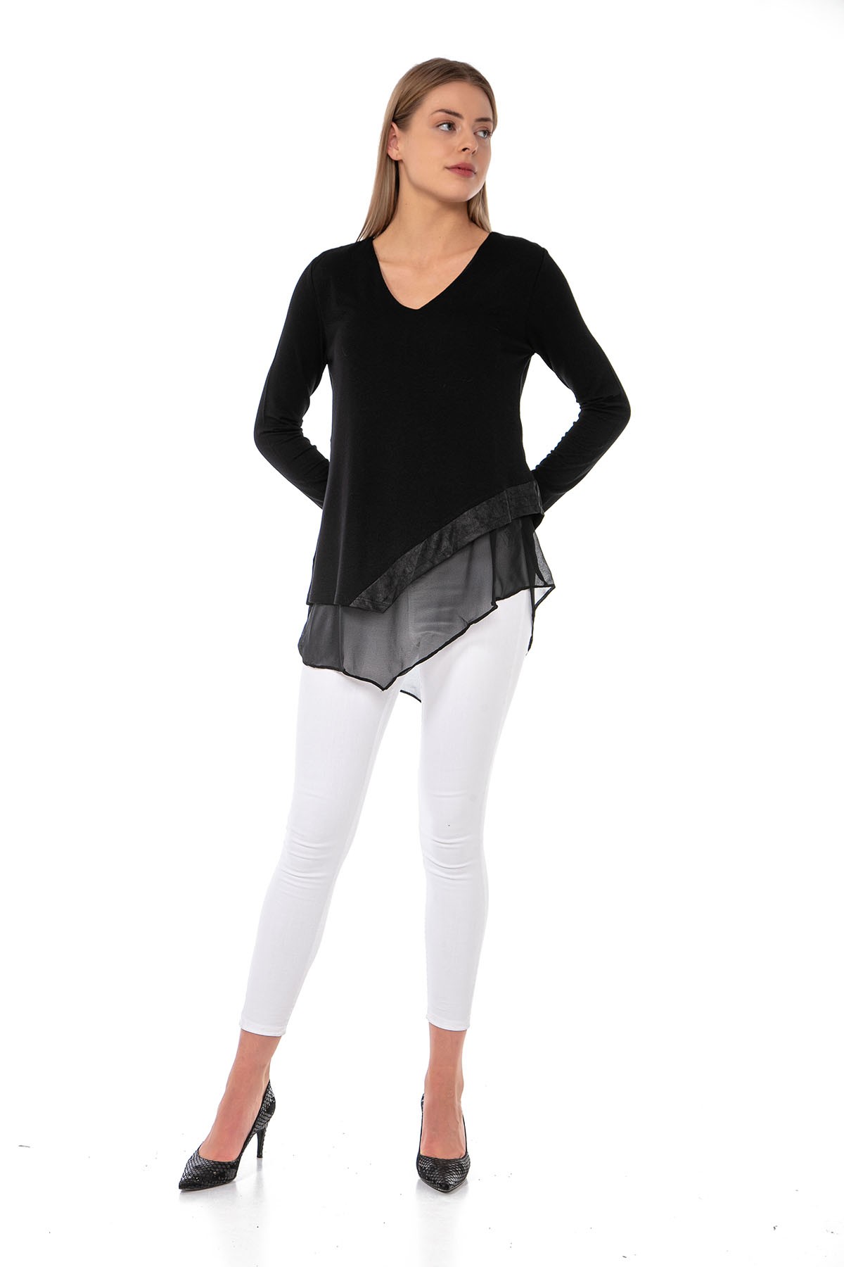 Kadın Siyah V Yaka Uzun Kollu Şifon Astarlı Eteği Deri Detaylı Asimetrik  Mevsimlik Triko Tunik Bluz