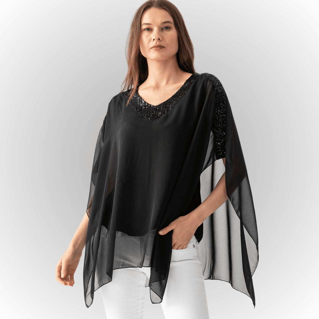 Kadın Siyah Pul Detaylı Viskon Penye Astarlı Şifon Pelerin Bluz - Siyah