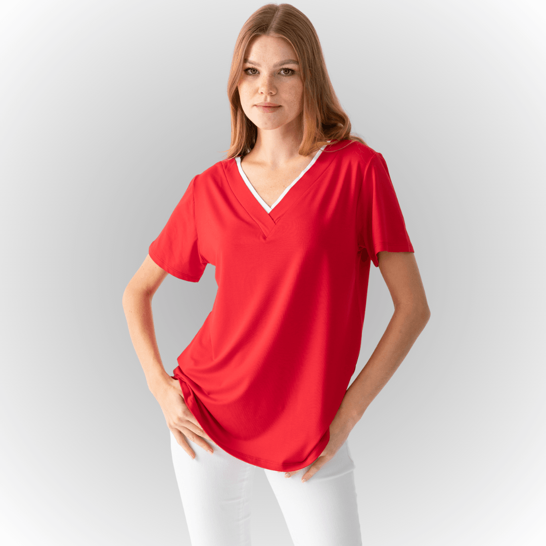 Kadın Yakası Biye Detaylı Eteği Yırtmaçlı Kısa Kollu Bluz - Kırmızı