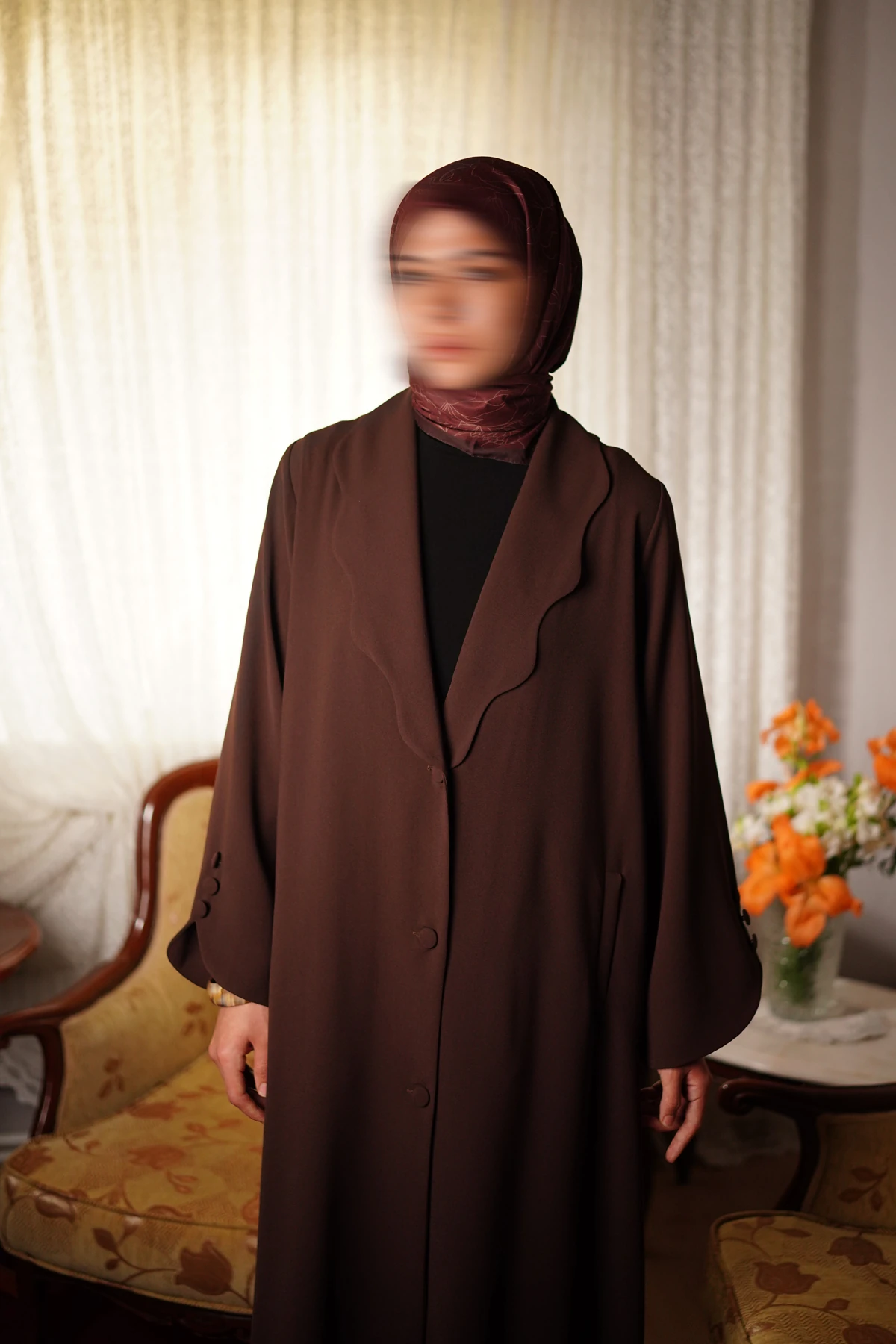 Pearl Collar Buttoned Abaya in Dark Brown | Women's Cloth | Emare