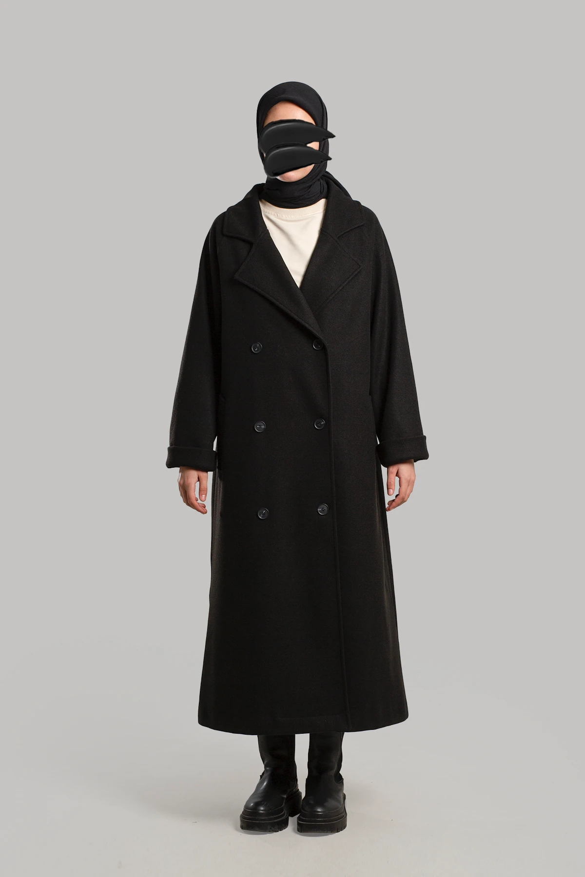 Kruvaze Kaşe Kaban - Siyah