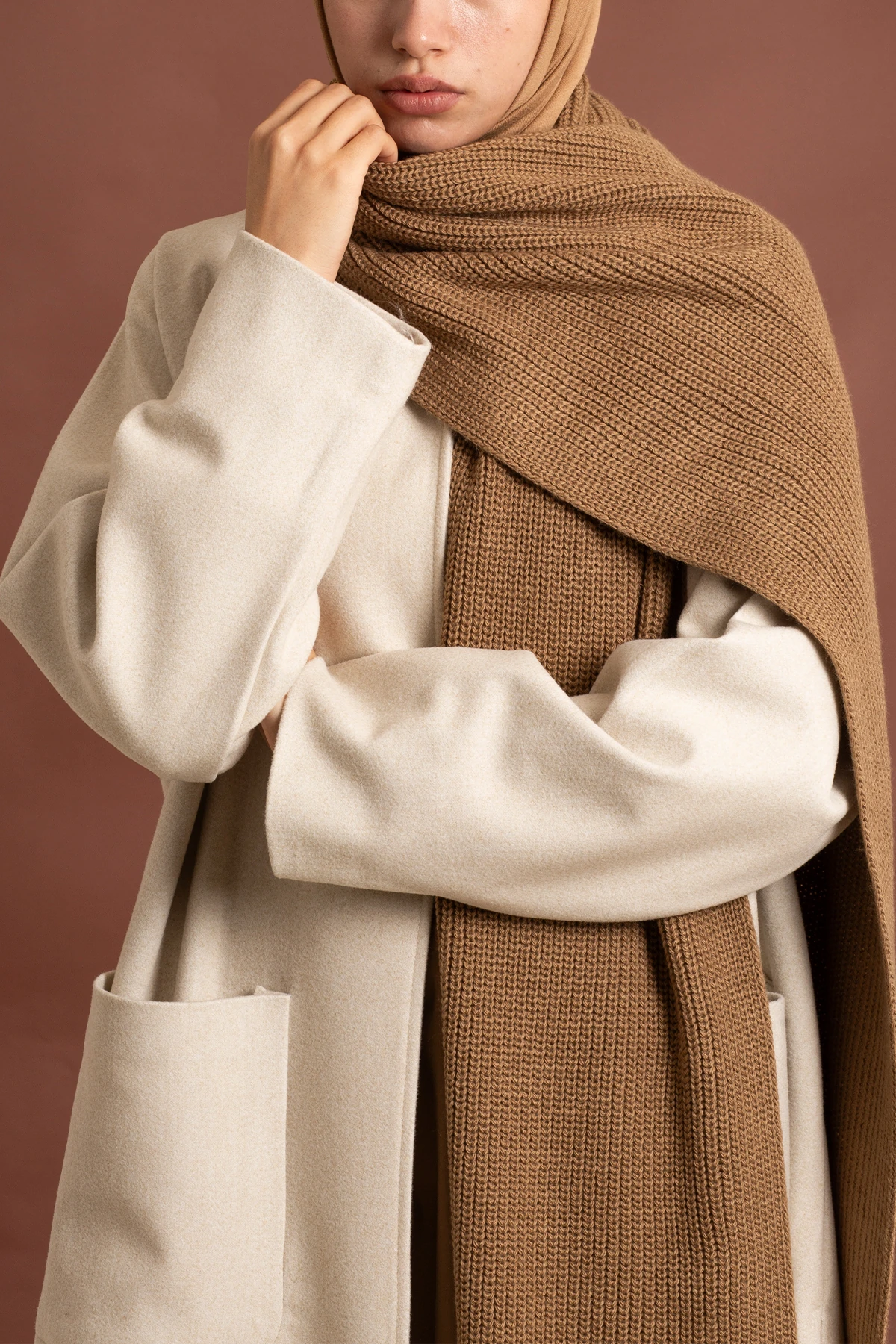 Düz Örgülü Atkı - Kahve