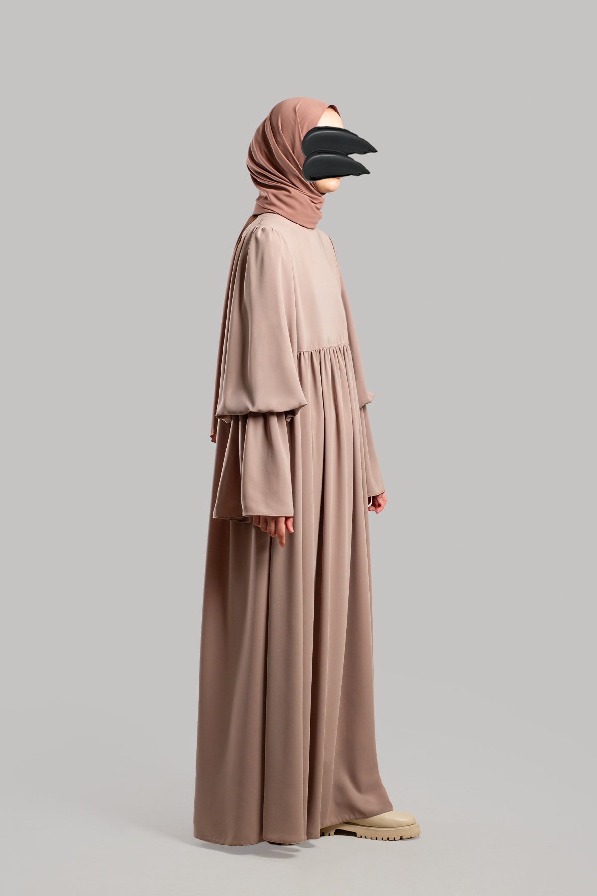 Robalı Büzgülü Kol Elbise - Taş