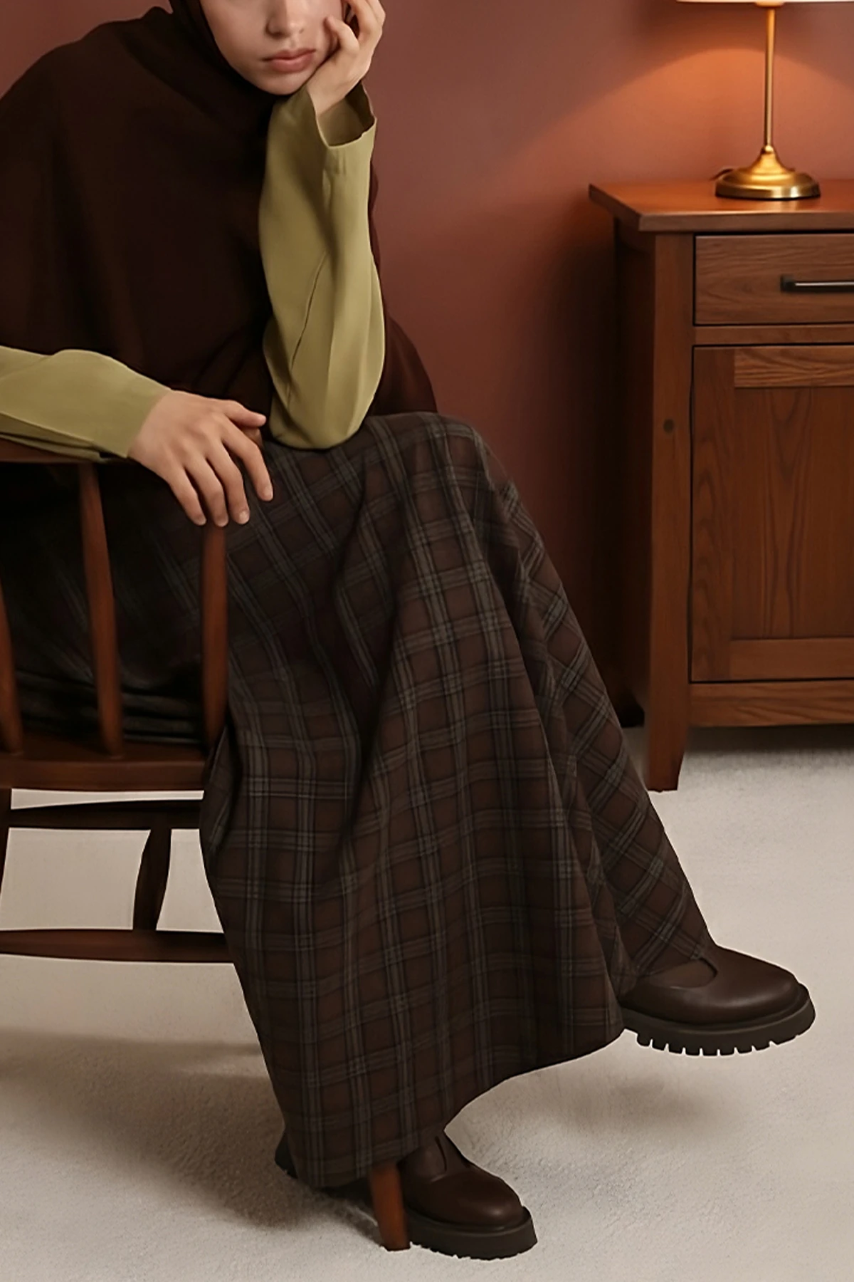 Ekose Desen Pamuklu Kloş Etek - Kahve