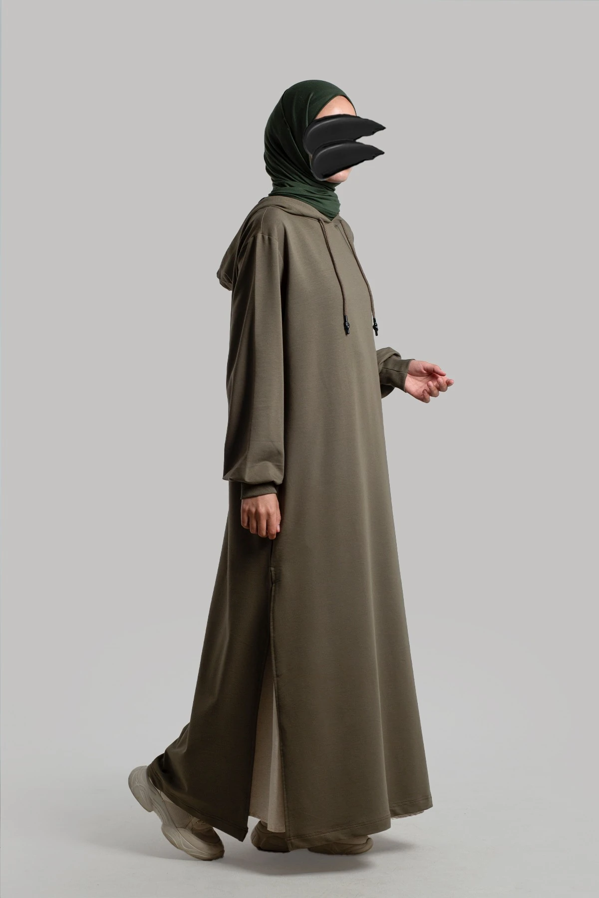 Düz Kapşonlu Pamuklu Elbise - Adaçayı