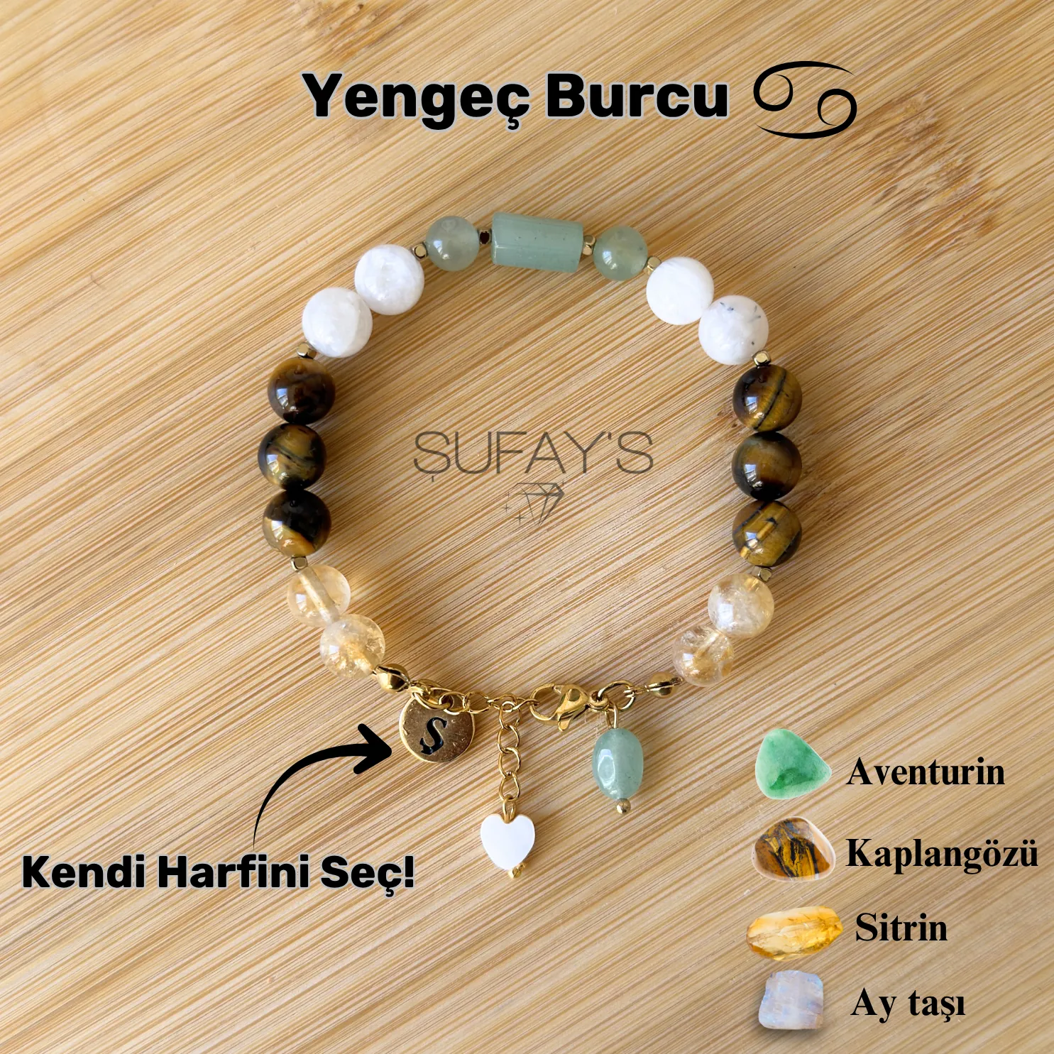 Yengeç Burcu Kişiye Özel Doğal Taş Harf Bileklik