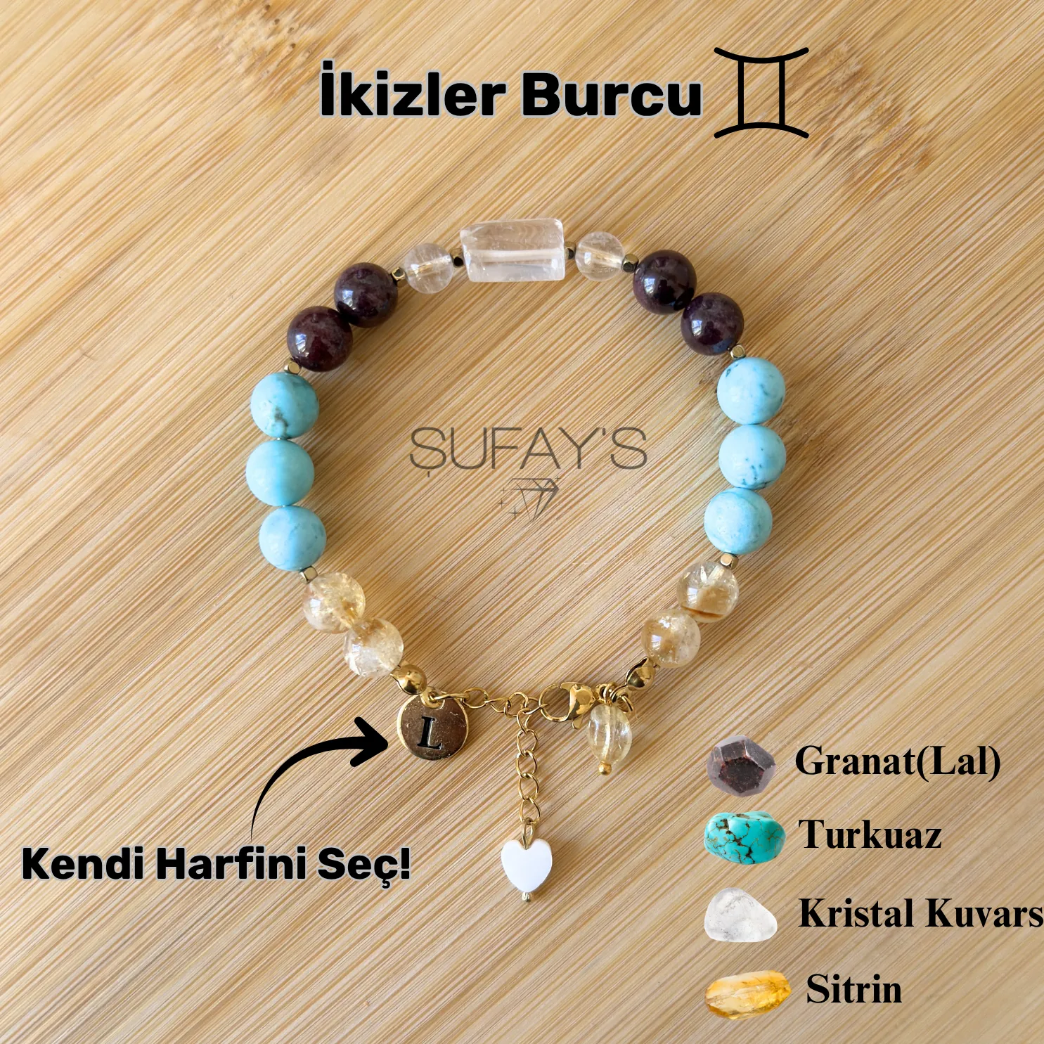 İkizler Burcu Kişiye Özel Doğal Taş Harf Bileklik