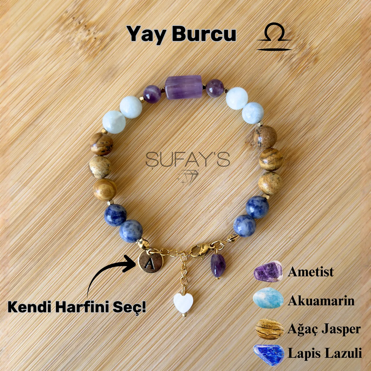 Yay Burcu Kişiye Özel Doğal Taş Harf Bileklik