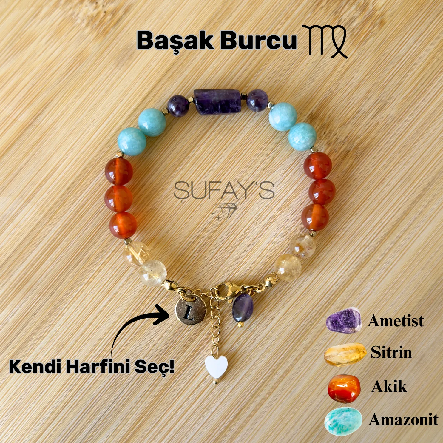 Başak Burcu Kişiye Özel Doğal Taş Harf Bileklik