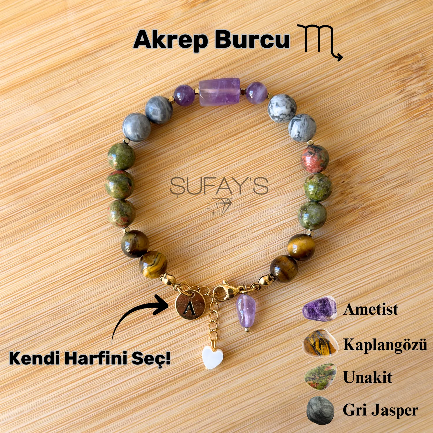 Akrep Burcu Kişiye Özel Doğal Taş Harf Bileklik