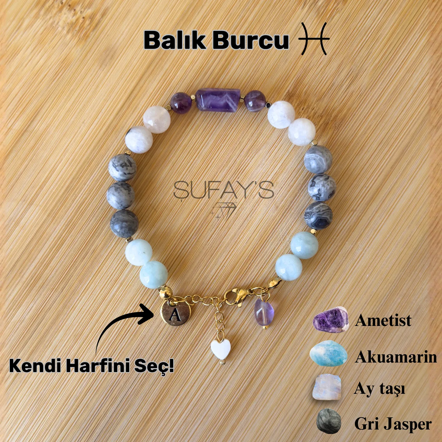 Balık Burcu Kişiye Özel Doğal Taş Harf Bileklik