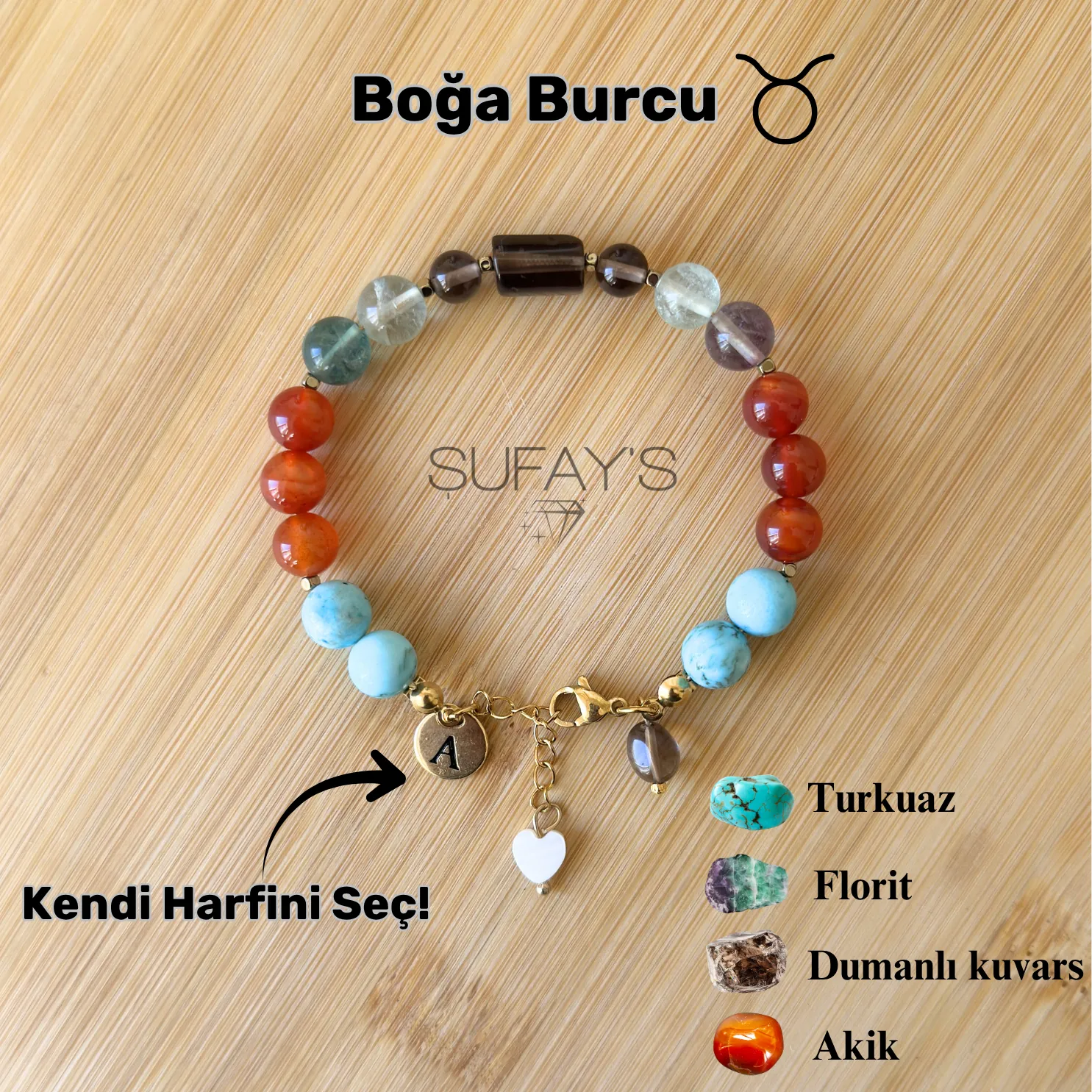 Boğa Burcu Kişiye Özel Doğal Taş Harf Bileklik
