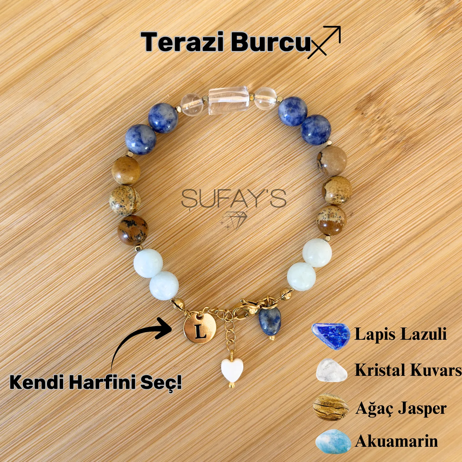 Terazi Burcu Kişiye Özel Doğal Taş Harf Bileklik