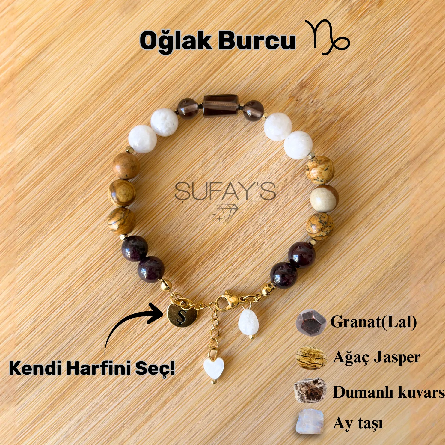 Oğlak Burcu Kişiye Özel Doğal Taş Harf Bileklik