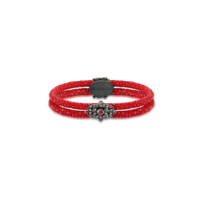 Initial Collection Stingray Skin Ruby Diamond Silver Bracelet - Red