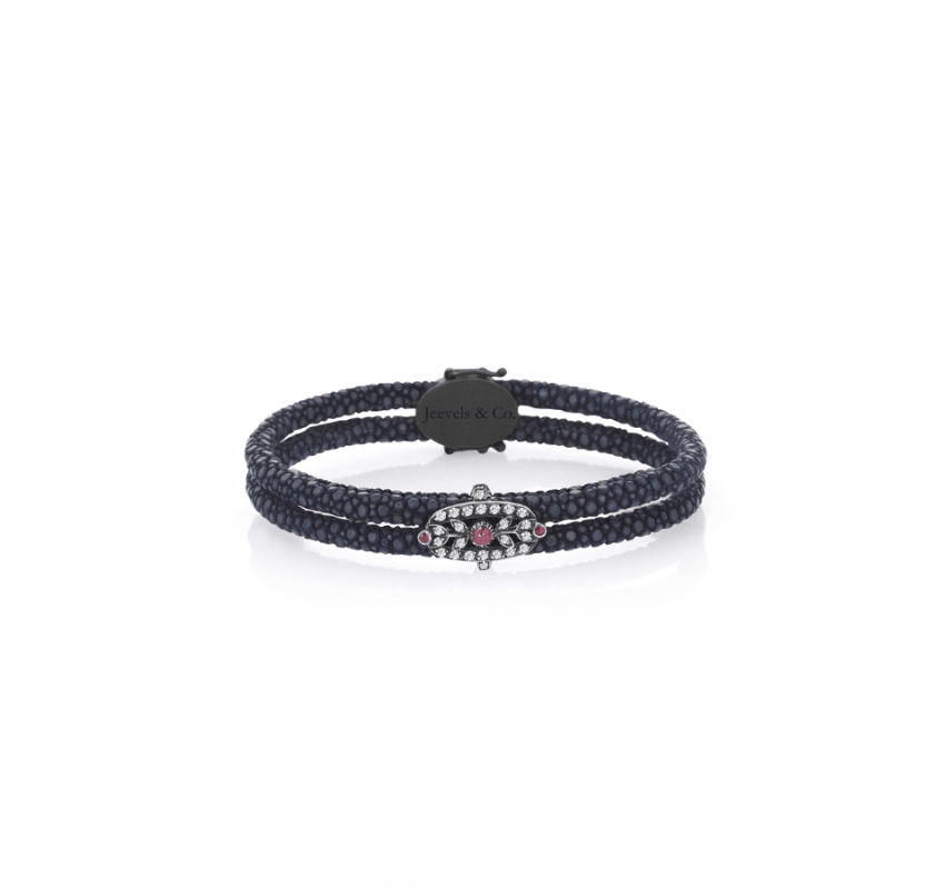 Initial Collection Stingray Skin Ruby Diamond Silver Bracelet - Midnight Blue