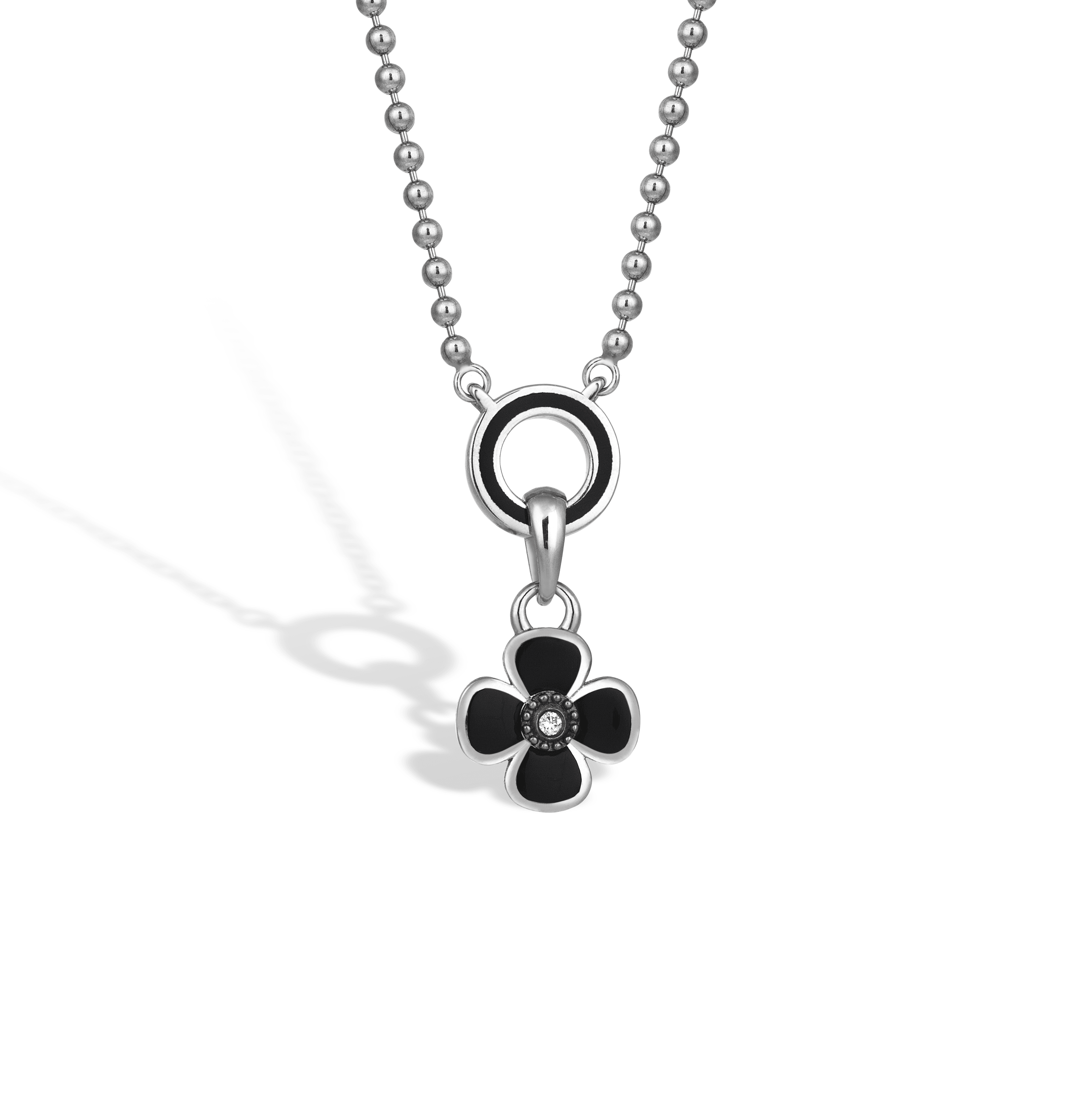 Charm & More Clover Diamond-Studded Enamel Necklace - Black