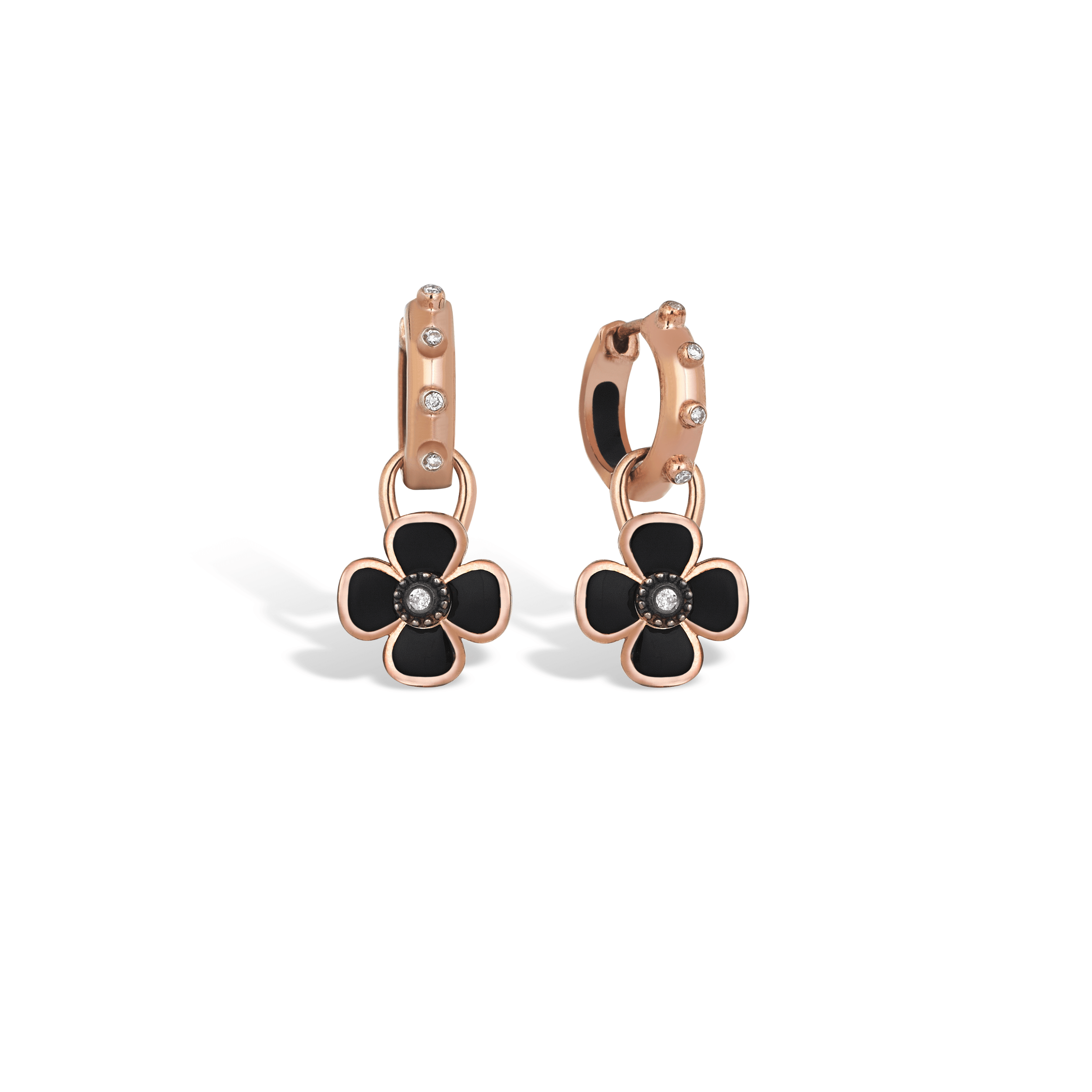 Charm & More Clover Diamond-Studded Enamel Earrings - Black