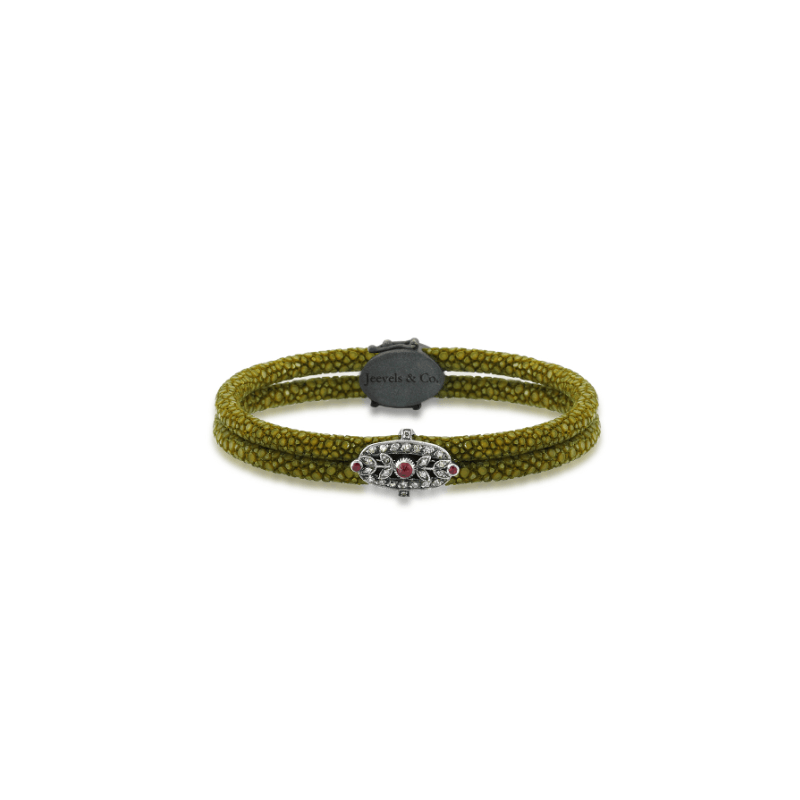 Initial Collection Stingray Skin Ruby Diamond Silver Bracelet - Green