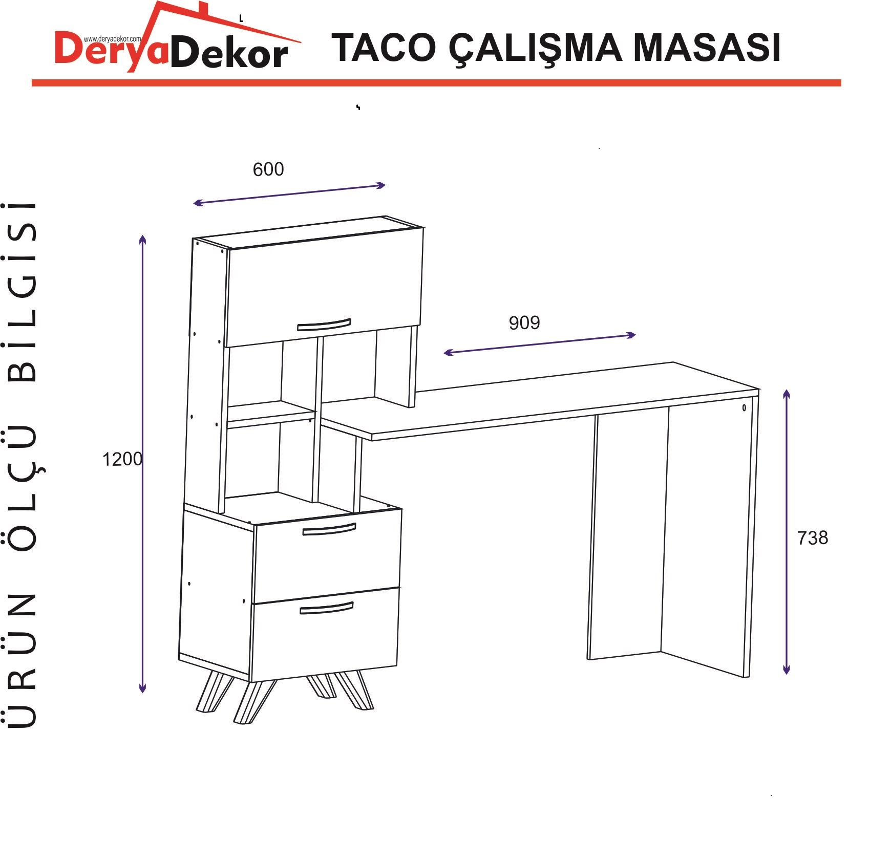 DERYA DEKOR TACO 3 KAPAKLI RAFLI ÇALIŞMA MASASI