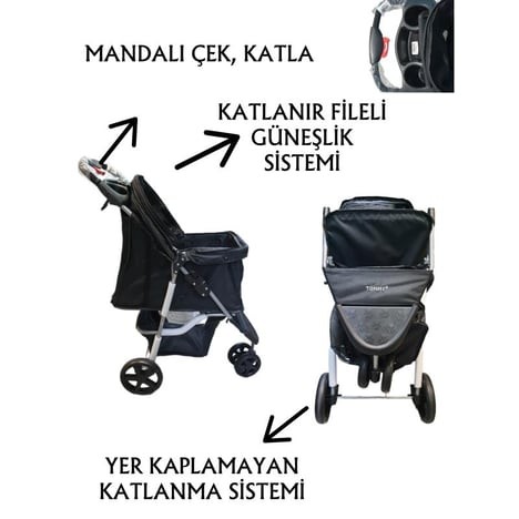 TOMMY EVCİL HAYVAN ARABASI 80x46x99CM SİYAH MAX 15 KG