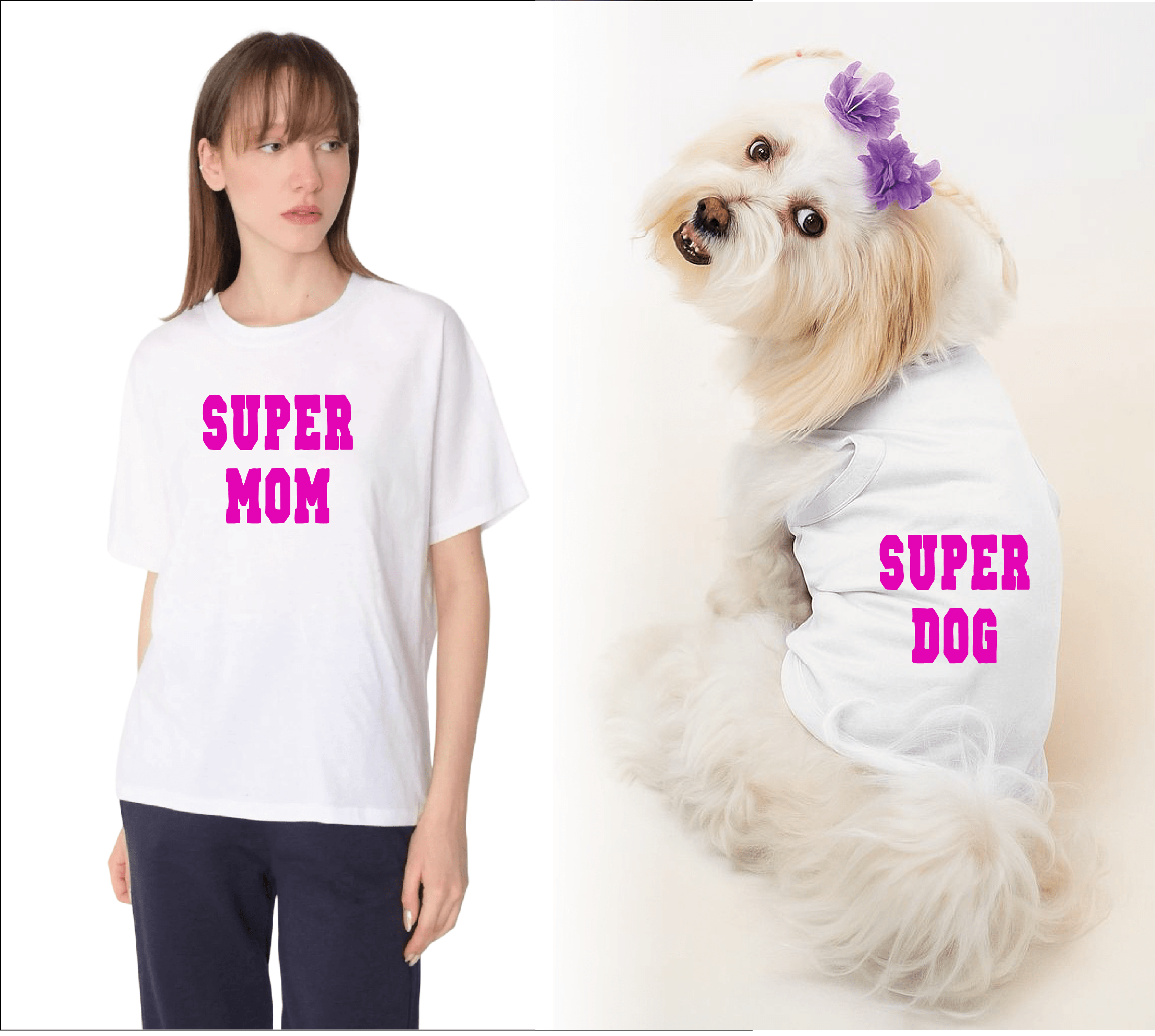 Köpek ve Sahip Kombini - Takım olarak gönderilir Beyaz Baskılı - Super Beyaz