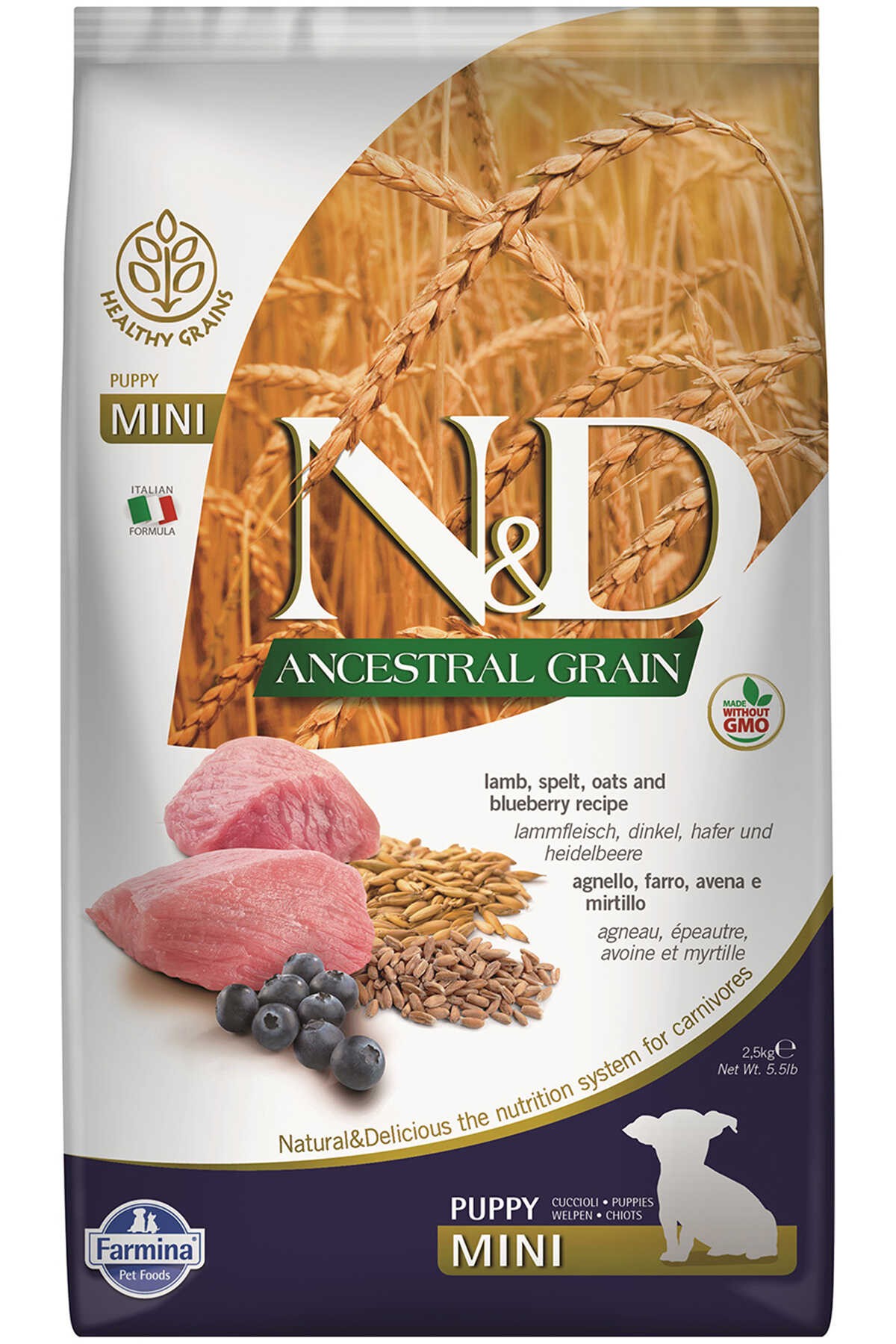 N&D -  Ancestral Grain Lamb, Spelt, oats and blueberry Recipe ( 2.5 KG ) (PND0250079)