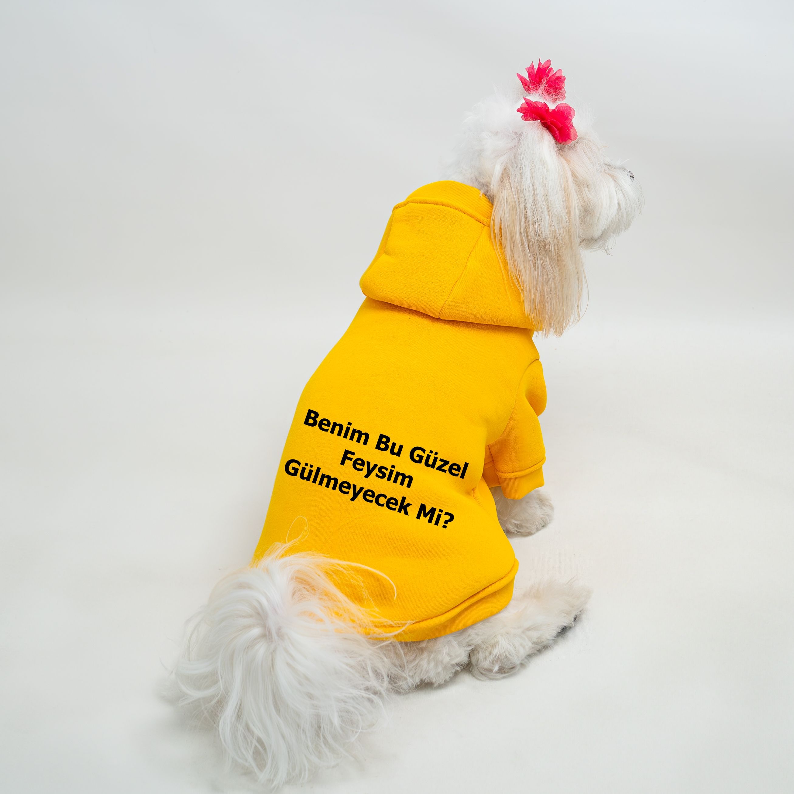 Kedi & Köpek Kıyafeti Sweatshirt - Benim Bu Güzel Feysim Hiç Gülmeyecek Mi Baskılı Sarı Sweatshirt