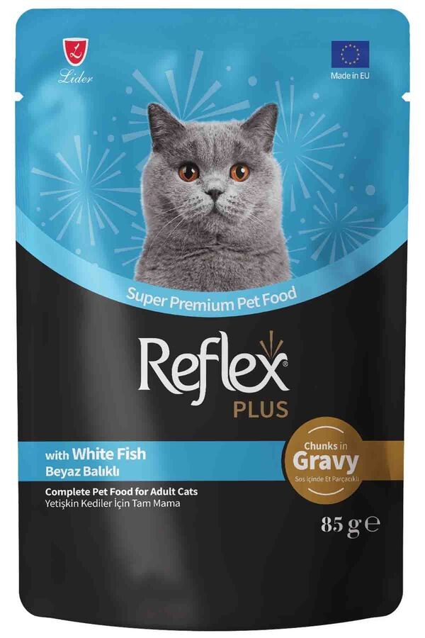 REFLEX PLUS POUCH SOS İÇİNDE ET PARÇACIKLI BEYAZ BALIKLI YETİŞKİN KEDİ MAMASI 85 G