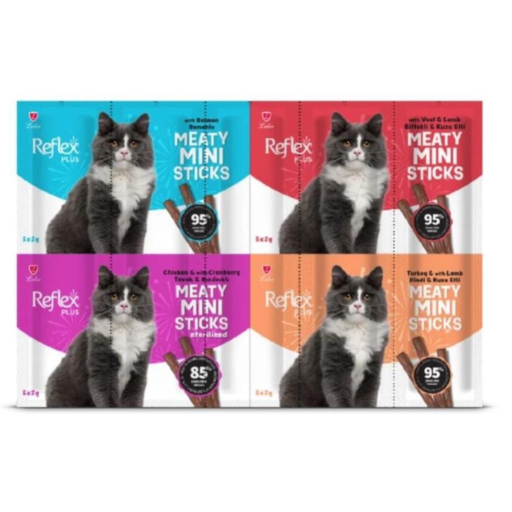 REFLEX PLUS MİNİ MİX SOMONLU-KUZU ETLİ-BİFTEKLİ KISIR TVK. KEDİ ÖDÜLLERİ 2*20 GR