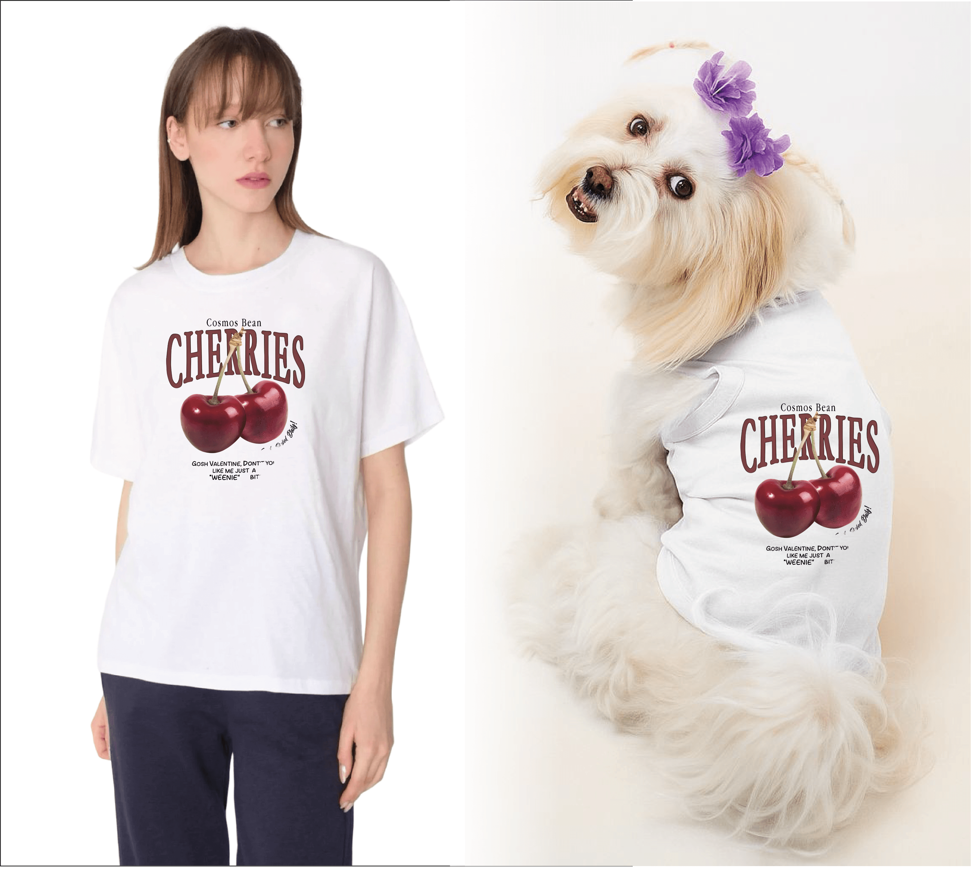 Köpek ve Sahip Kombini - Takım olarak gönderilir Beyaz Baskılı - Cherry Beyaz
