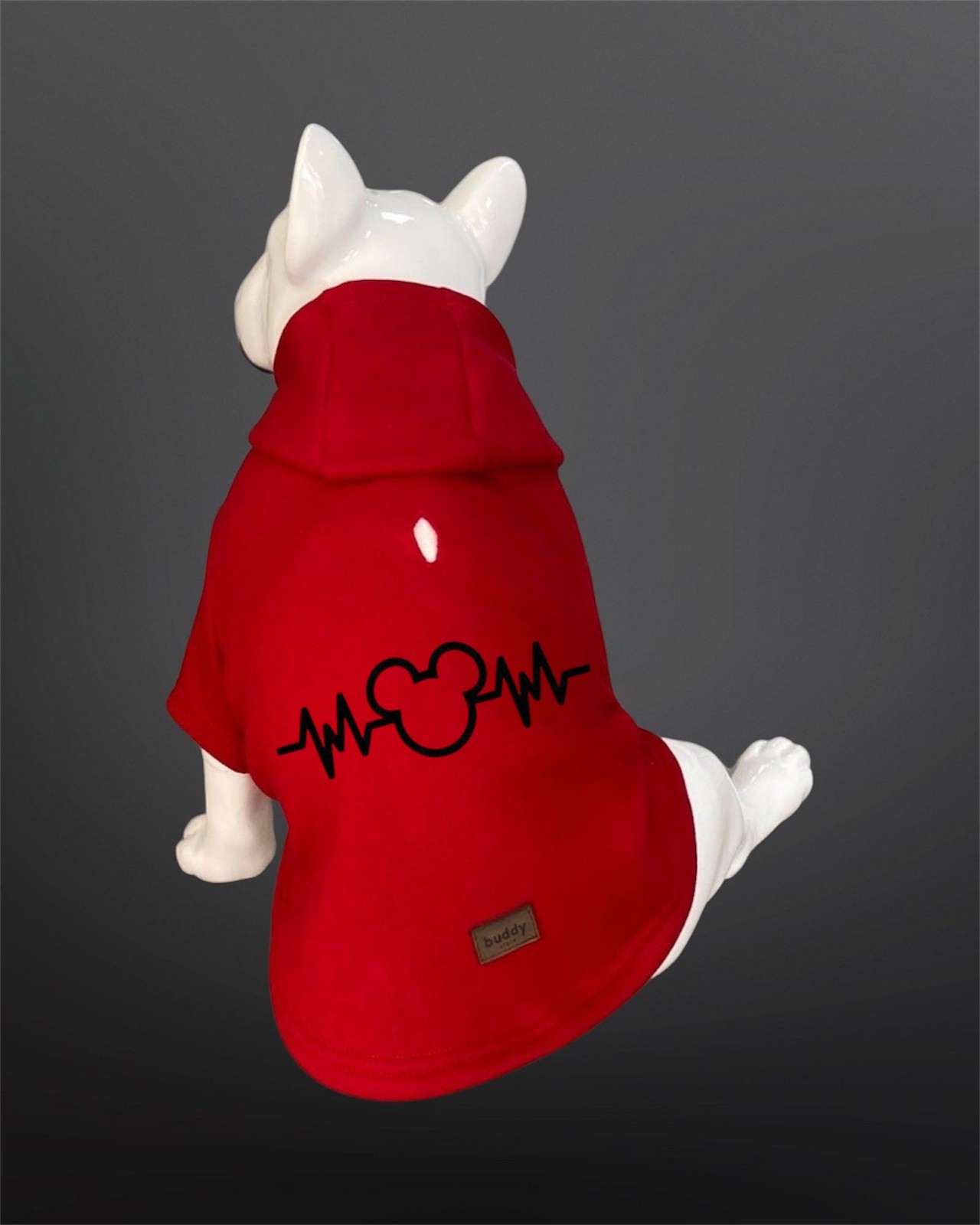 Kedi & Köpek Kıyafeti Sweatshirt - Mickey Baskılı Kırmızı Tasma Detaylı Kapüşonlu Sweatshirt