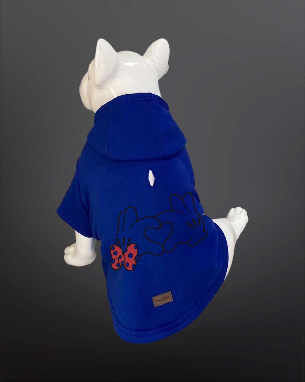 Kedi & Köpek Kıyafeti Sweatshirt - Kalp Baskılı Saks Mavisi Tasma Detaylı Kapüşonlu Sweatshirt