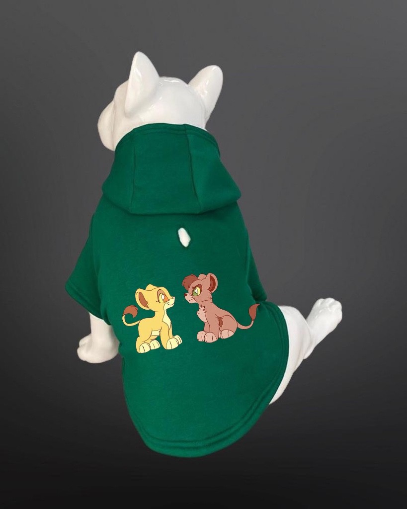 Kedi & Köpek Kıyafeti Sweatshirt - Lion King Baskılı Yeşil Tasma Detaylı Kapüşonlu Sweatshirt