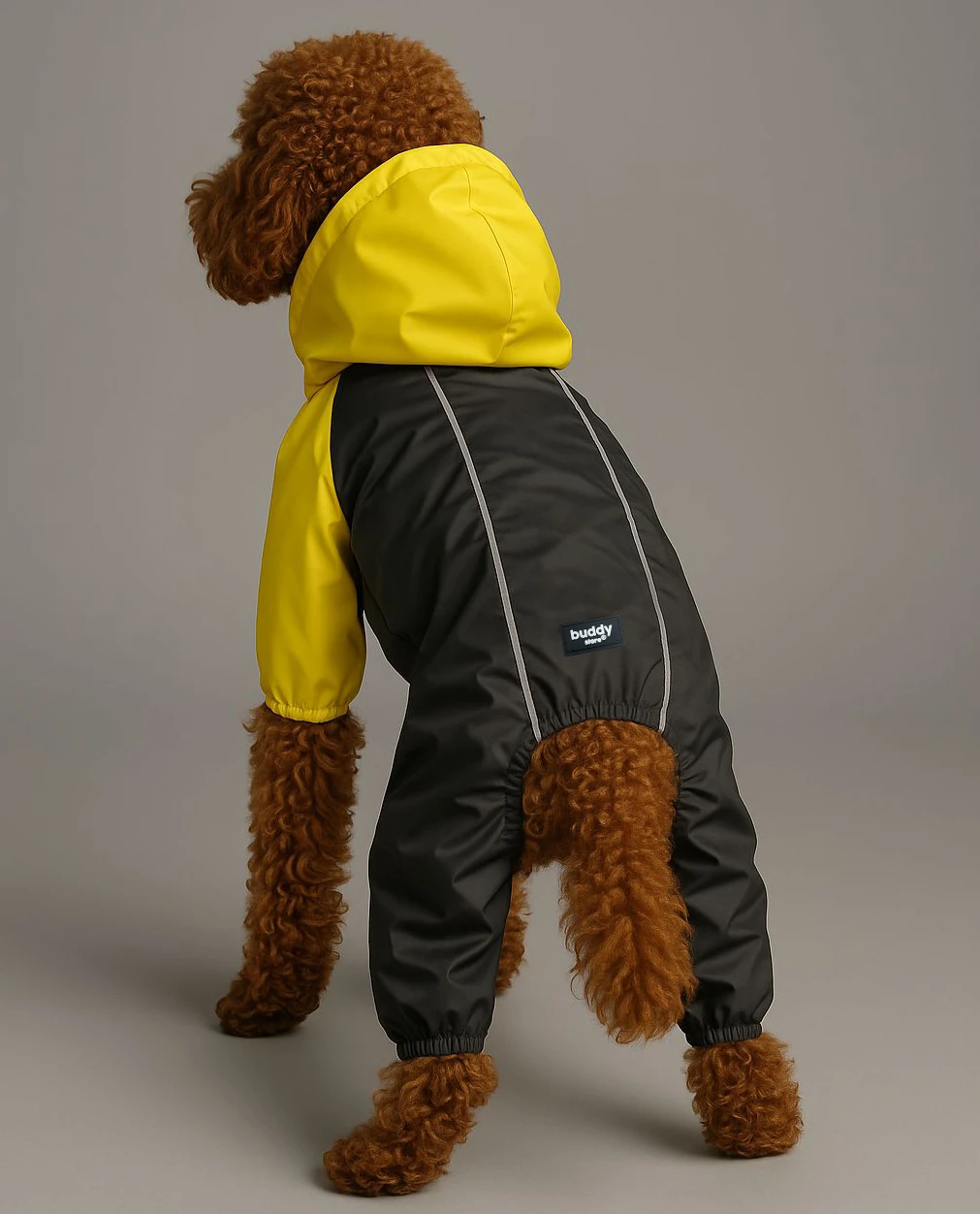 Buddy Store 4 Bacak Premium Yağmurluk – Şık ve Su Geçirmez Köpek Yağmurluğu (Wild Buddy Edition) S-M-L-XL-2XL - All-Weather Rain Jumpsuit Sarı Füme