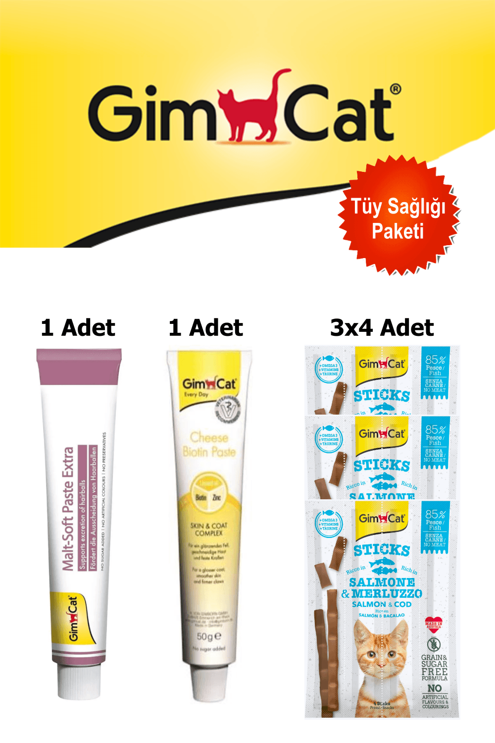 Gimcat Tüy Sağlığı Paketi (Biotin Pasta, Malt Soft Extre ve 12 Adet Somonlu Kedi Stick) 3 Ürün Tek Fiyat